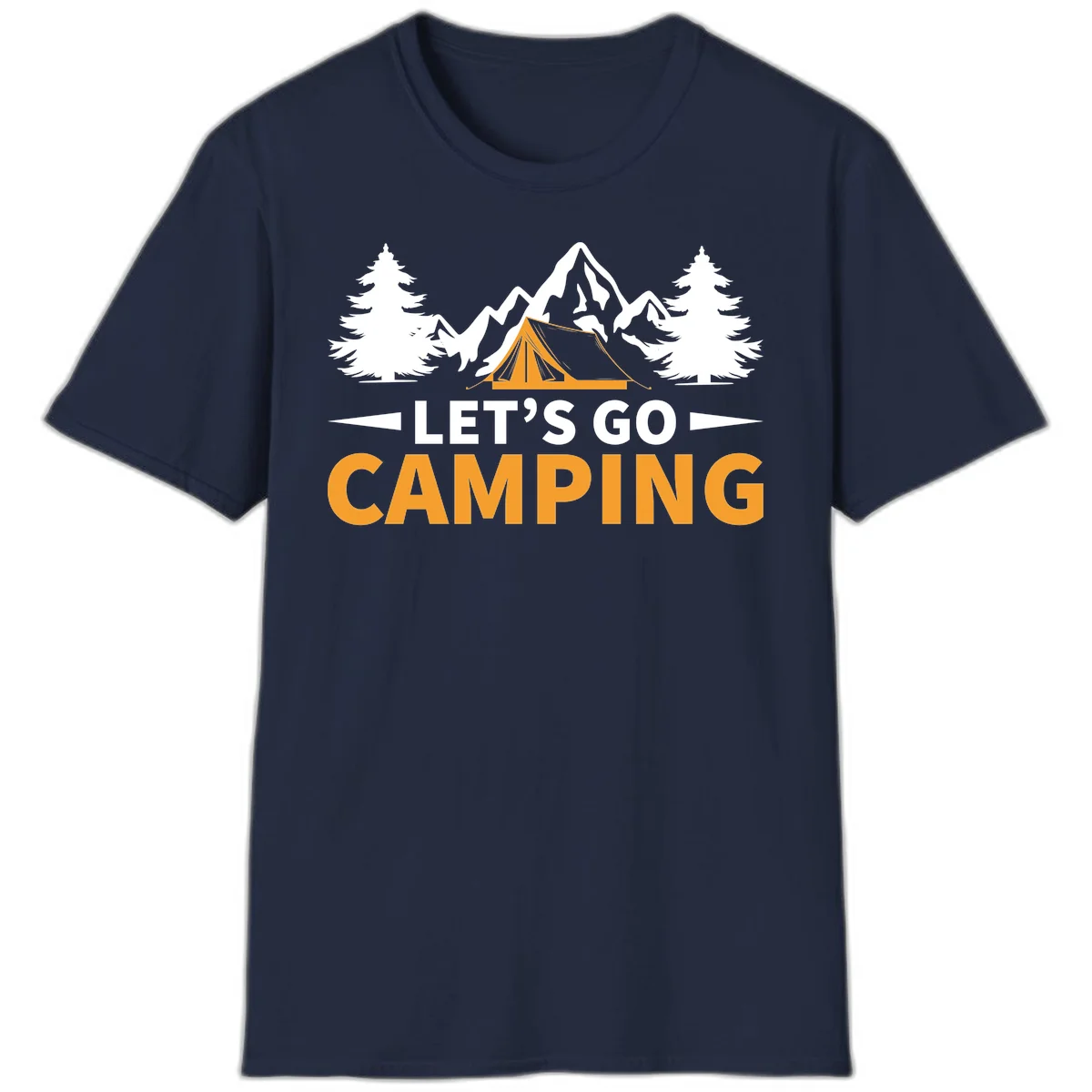 Let's go camping tent design with orange tent, snow mountains, evergreen trees, and bold text on gray background in Navy