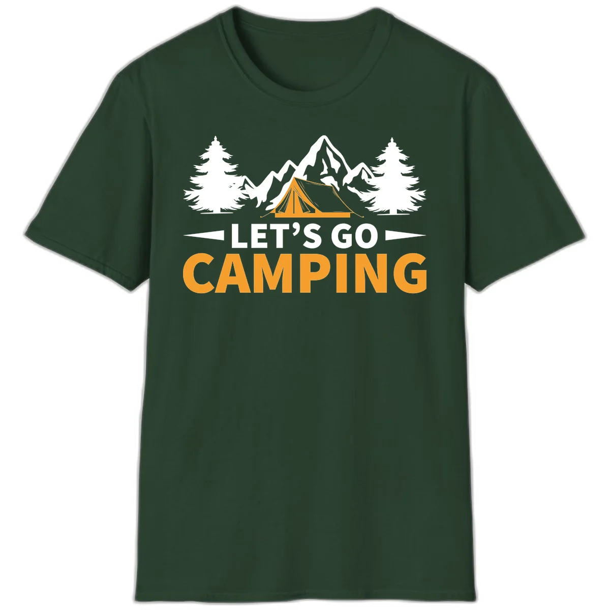 Let's go camping tent design with orange tent, snow mountains, evergreen trees, and bold text on gray background in Forest Green