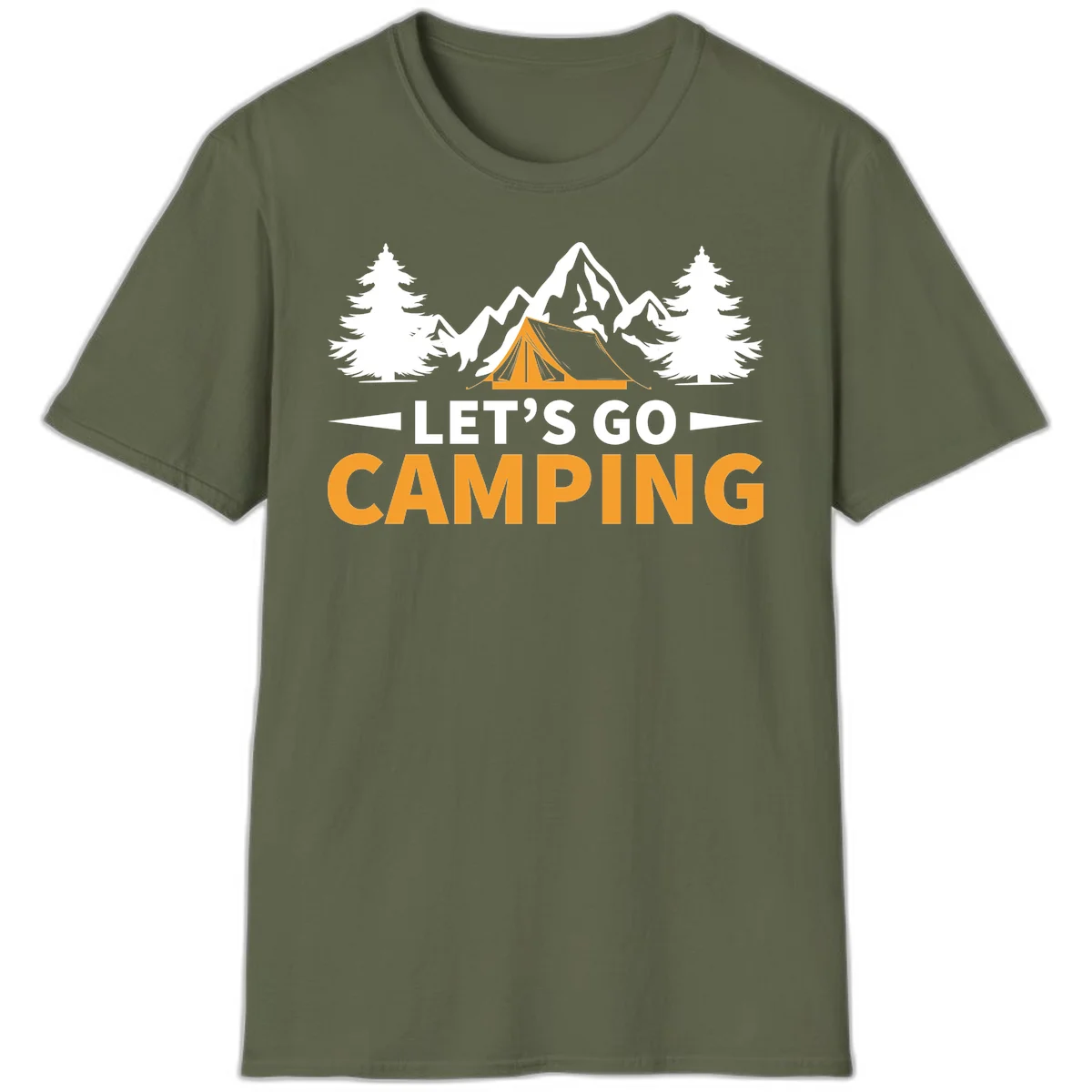 Let's go camping tent design with orange tent, snow mountains, evergreen trees, and bold text on gray background in Military Green