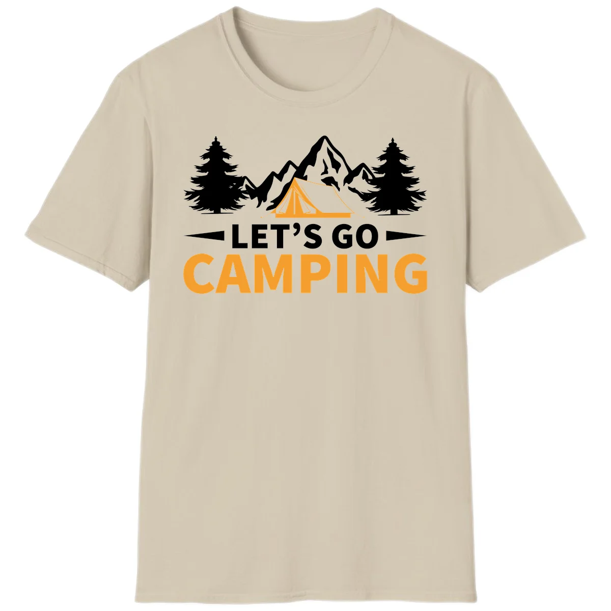 Let's go camping tent design with orange tent, snow mountains, evergreen trees, and bold text on gray background in Sand