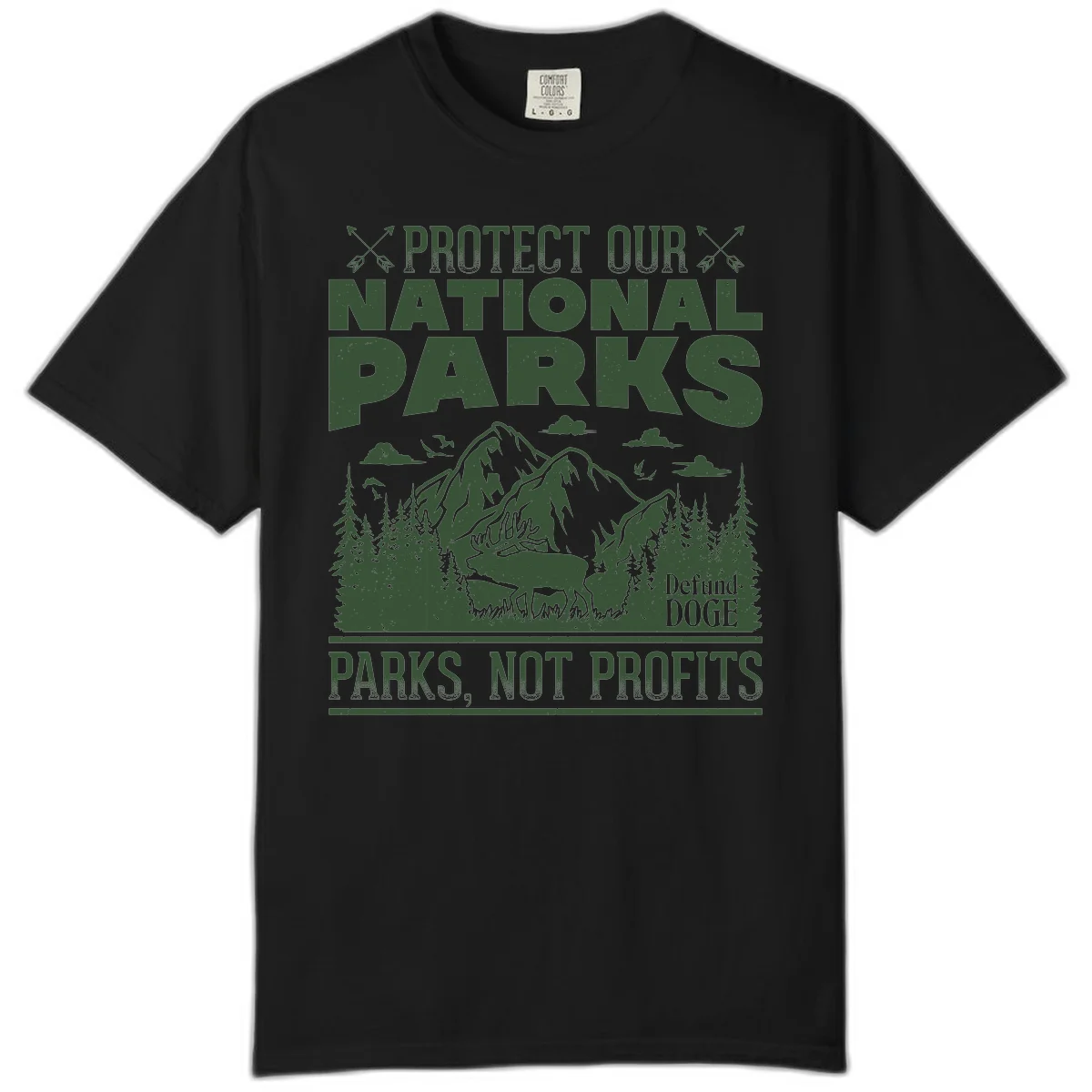 Vintage-style illustration with mountains, forests, deer and text reading 'Protect Our National Parks' and 'Parks, Not Profits' promoting conservation activism. in Black