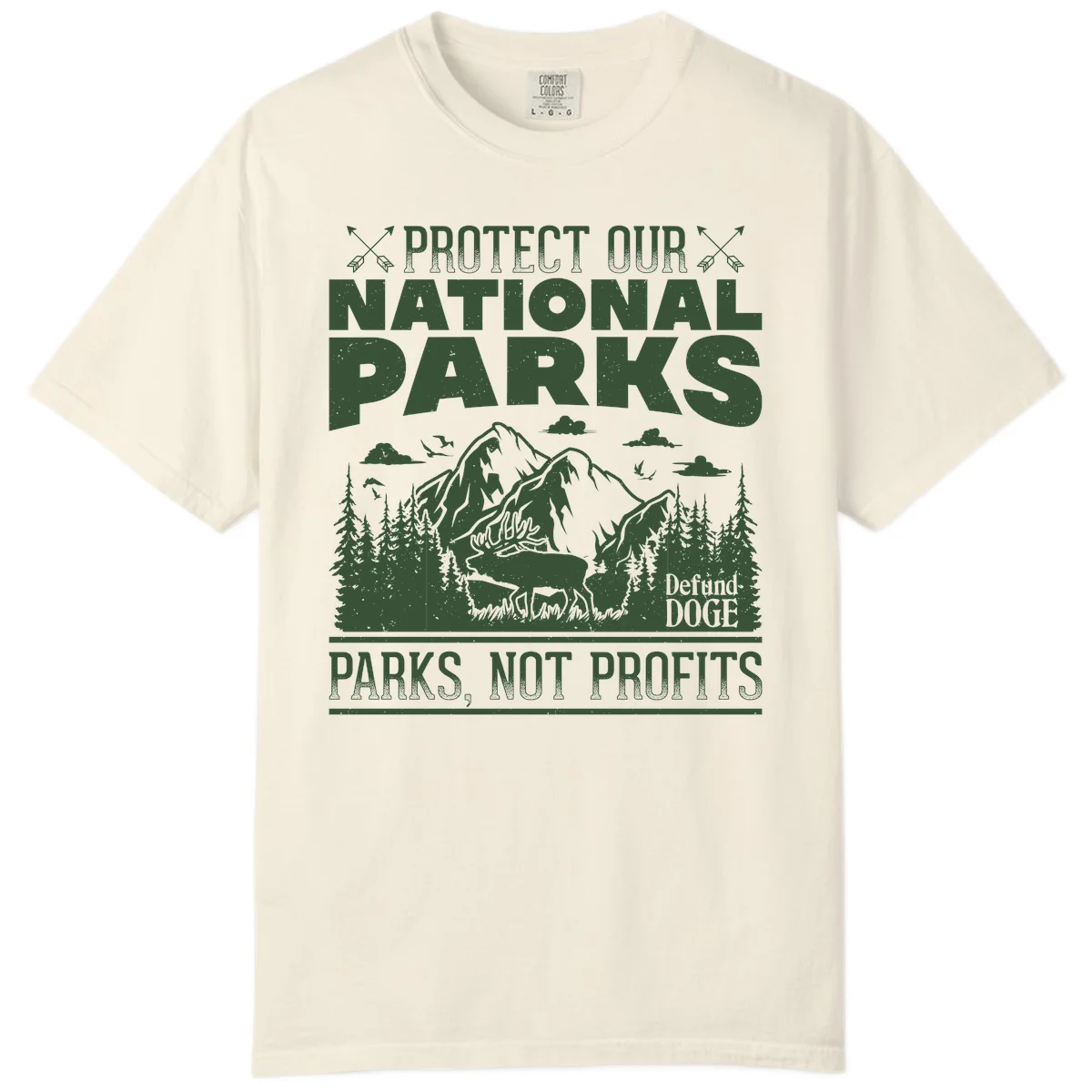 Vintage-style illustration with mountains, forests, deer and text reading 'Protect Our National Parks' and 'Parks, Not Profits' promoting conservation activism. in Ivory