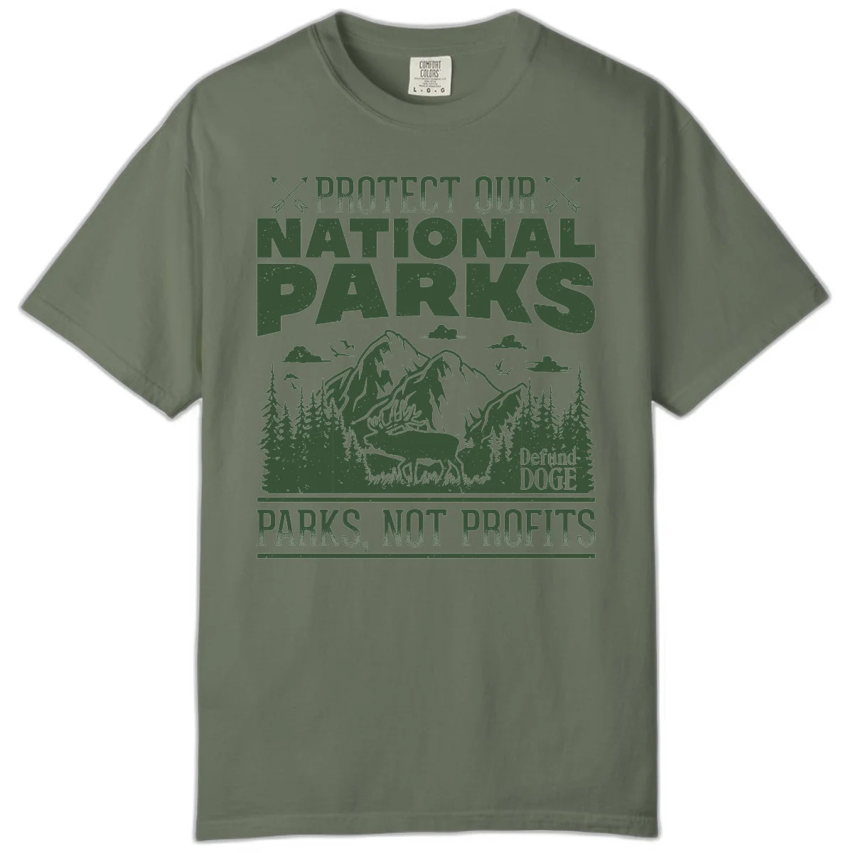 Vintage-style illustration with mountains, forests, deer and text reading 'Protect Our National Parks' and 'Parks, Not Profits' promoting conservation activism. in Moss