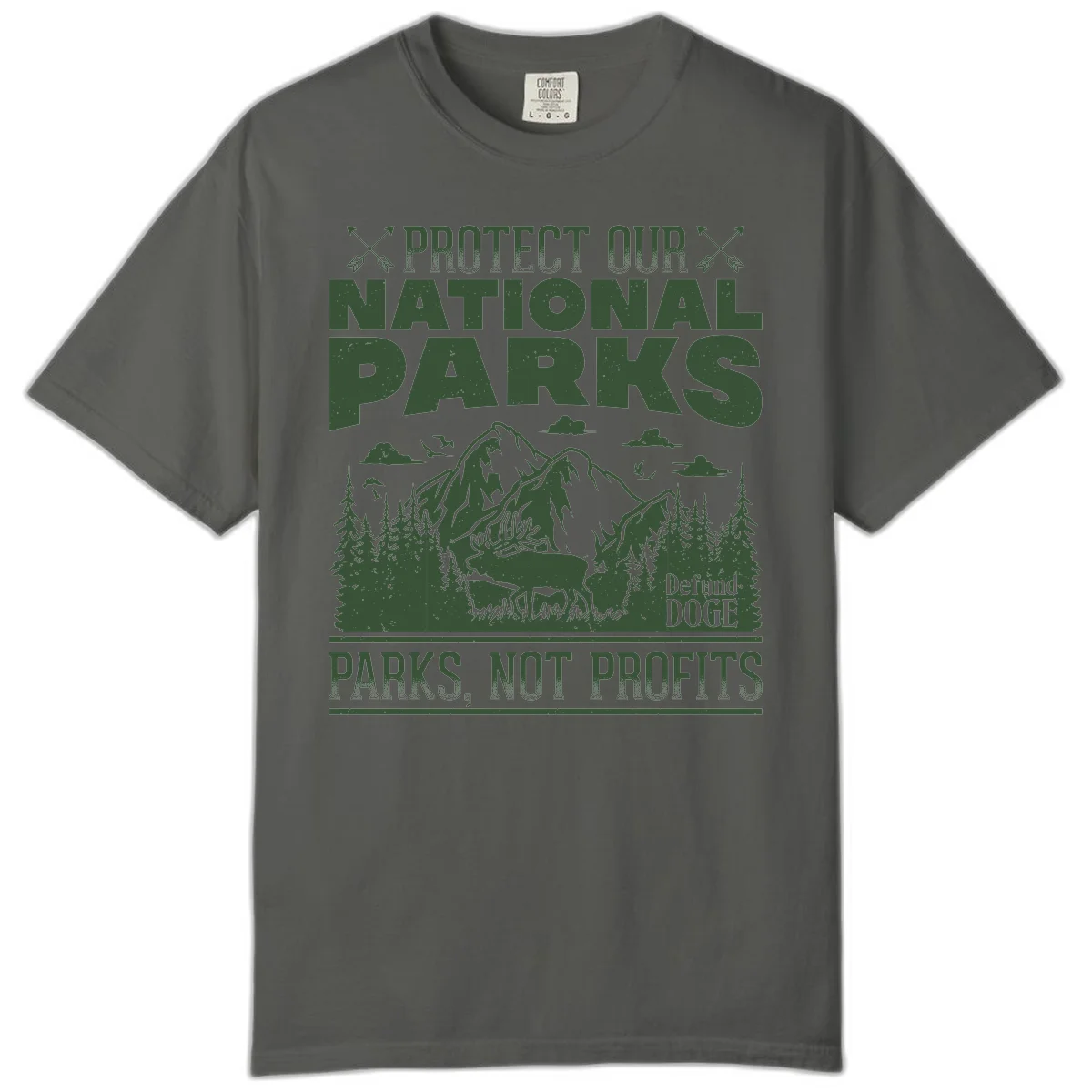 Vintage-style illustration with mountains, forests, deer and text reading 'Protect Our National Parks' and 'Parks, Not Profits' promoting conservation activism. in Pepper