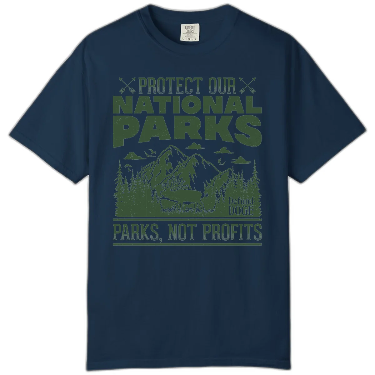 Vintage-style illustration with mountains, forests, deer and text reading 'Protect Our National Parks' and 'Parks, Not Profits' promoting conservation activism. in True Navy