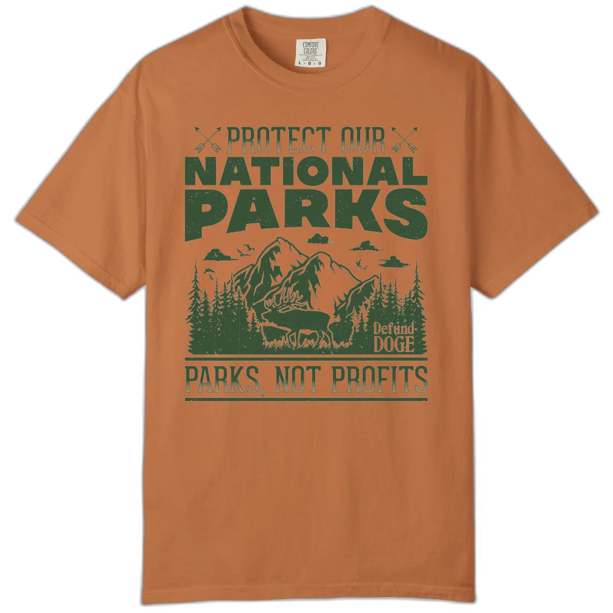 Vintage-style illustration with mountains, forests, deer and text reading 'Protect Our National Parks' and 'Parks, Not Profits' promoting conservation activism. in Yam