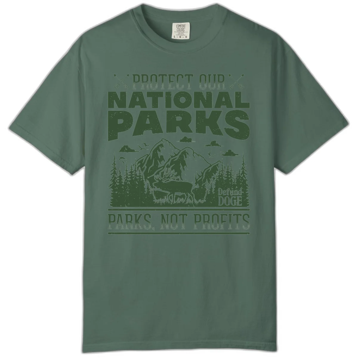 Vintage-style illustration with mountains, forests, deer and text reading 'Protect Our National Parks' and 'Parks, Not Profits' promoting conservation activism. in Blue Spruce