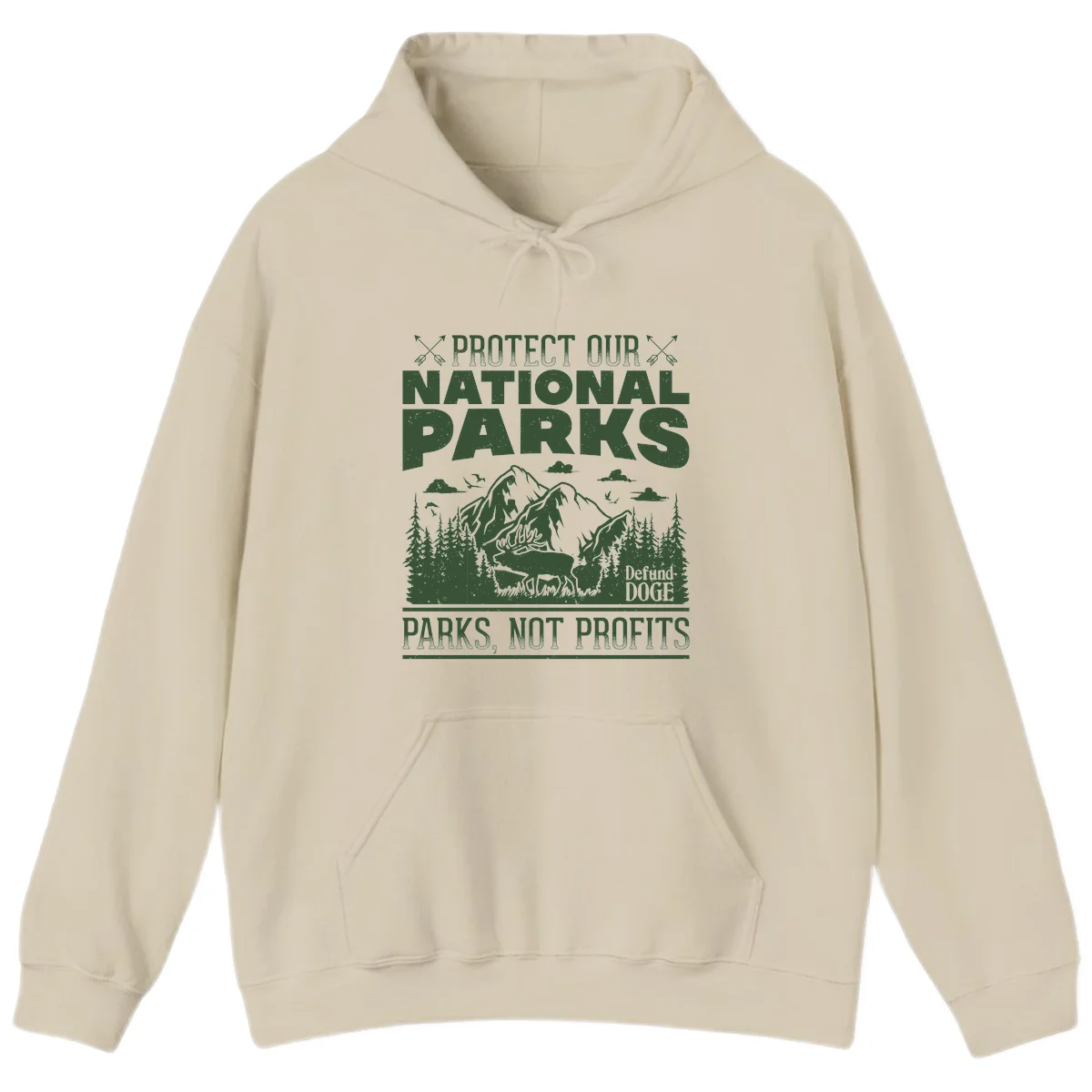 Vintage-style illustration with mountains, forests, deer and text reading 'Protect Our National Parks' and 'Parks, Not Profits' promoting conservation activism. in Sand