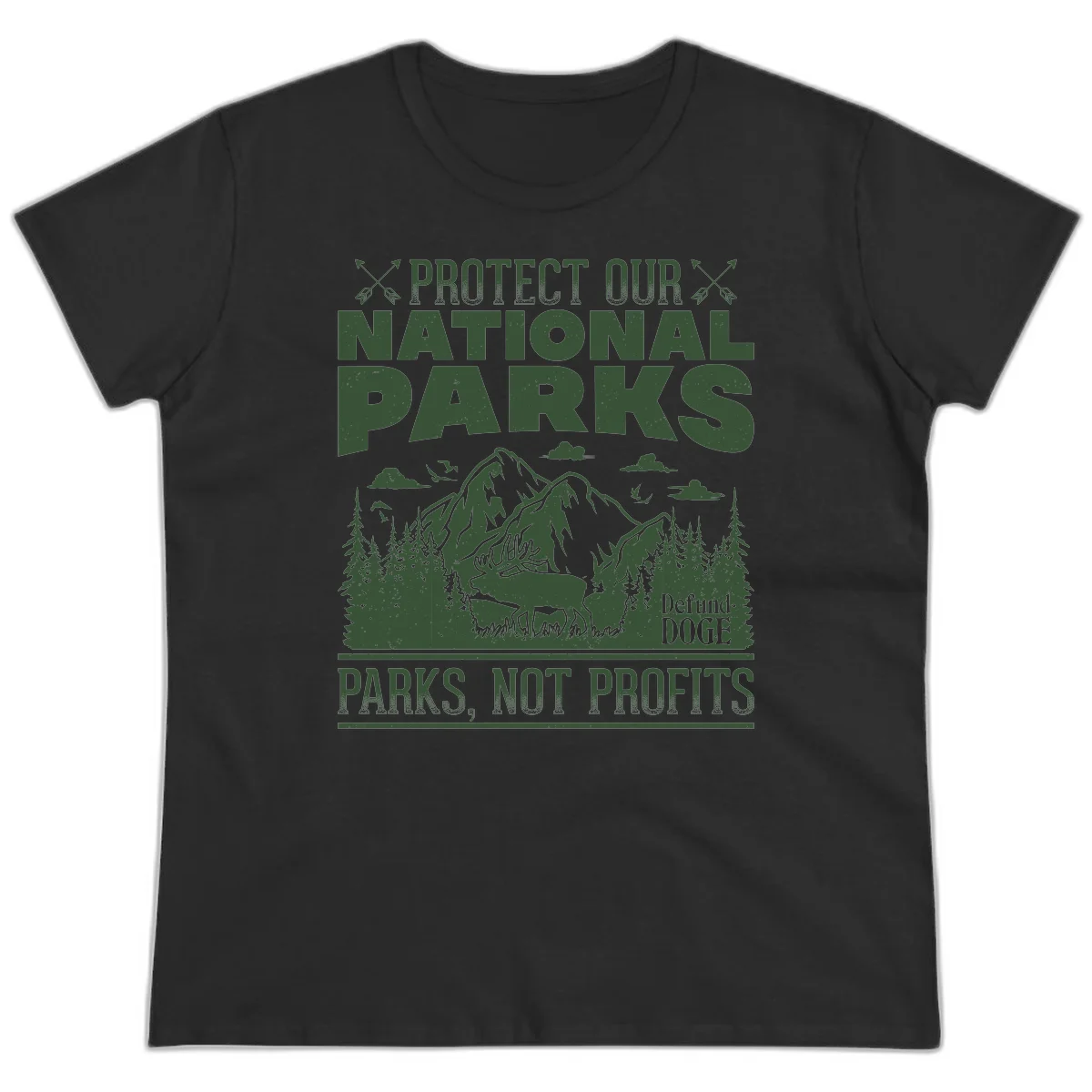 Vintage-style illustration with mountains, forests, deer and text reading 'Protect Our National Parks' and 'Parks, Not Profits' promoting conservation activism. in Black
