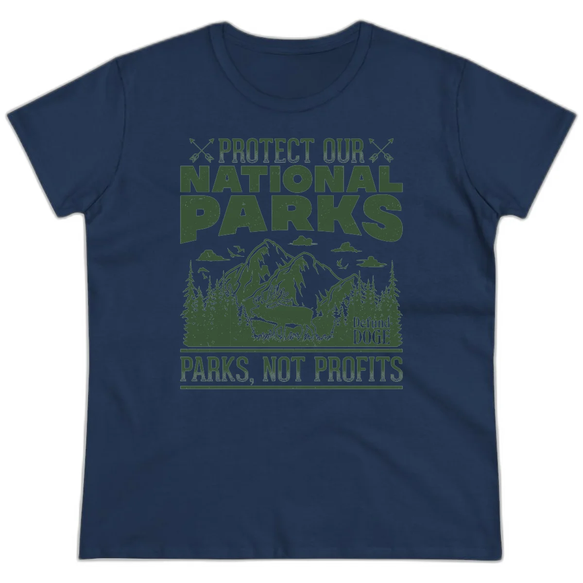 Vintage-style illustration with mountains, forests, deer and text reading 'Protect Our National Parks' and 'Parks, Not Profits' promoting conservation activism. in Navy