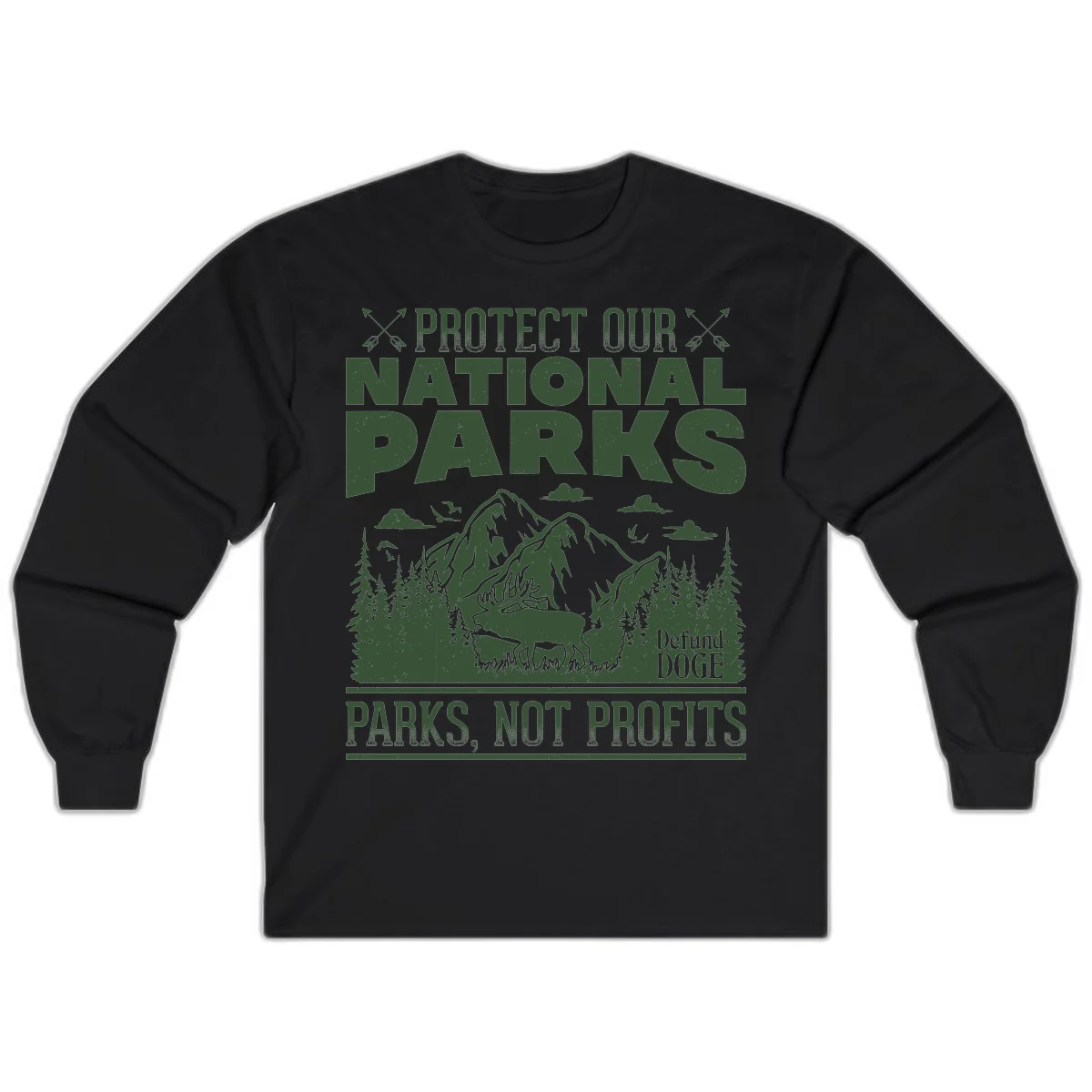 Vintage-style illustration with mountains, forests, deer and text reading 'Protect Our National Parks' and 'Parks, Not Profits' promoting conservation activism. in Black