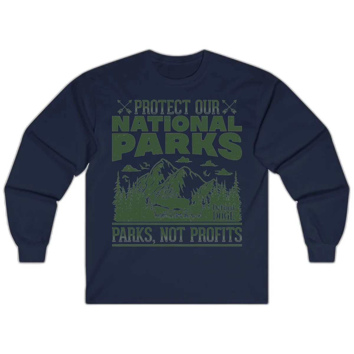 Vintage-style illustration with mountains, forests, deer and text reading 'Protect Our National Parks' and 'Parks, Not Profits' promoting conservation activism. in Navy