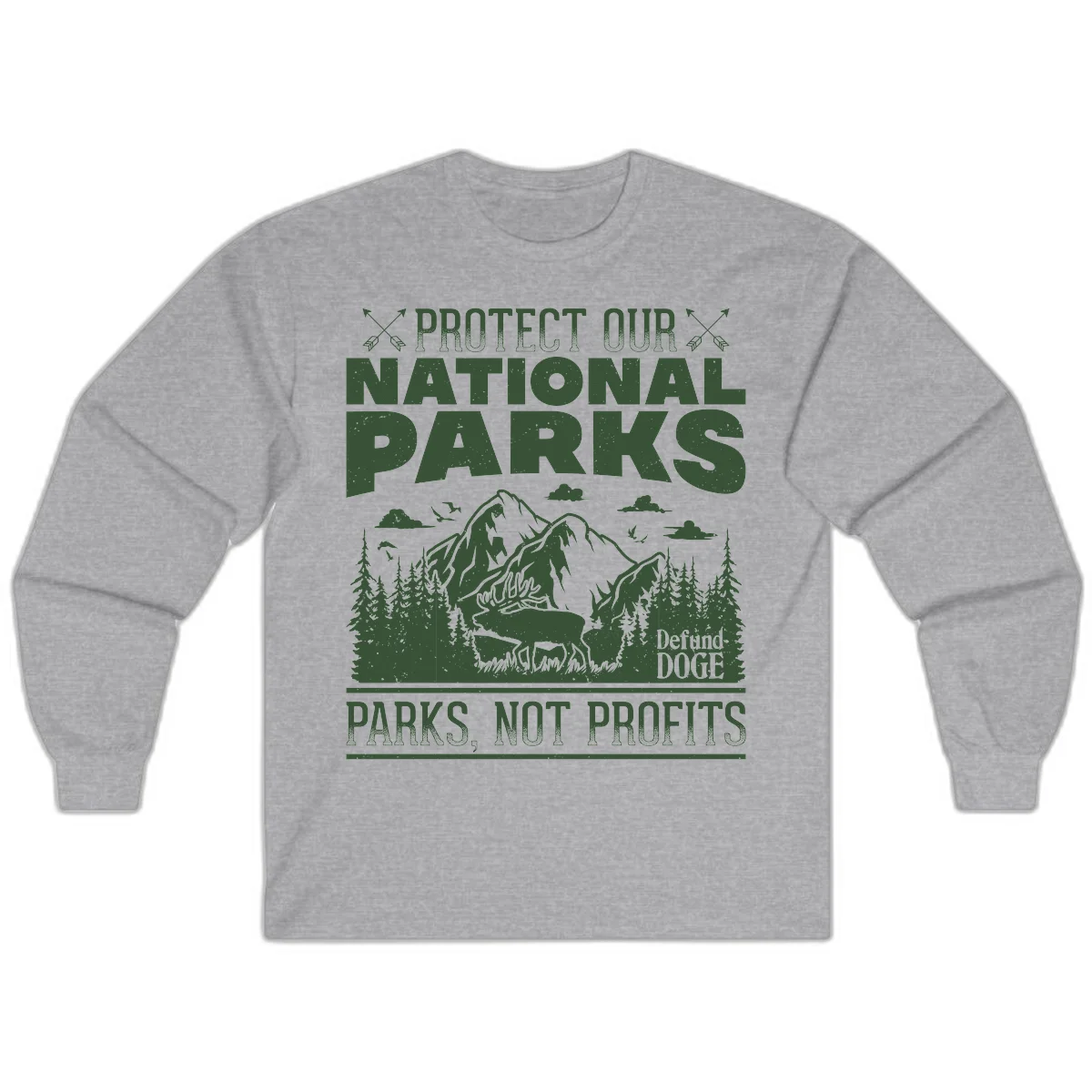 Vintage-style illustration with mountains, forests, deer and text reading 'Protect Our National Parks' and 'Parks, Not Profits' promoting conservation activism. in Sport Grey