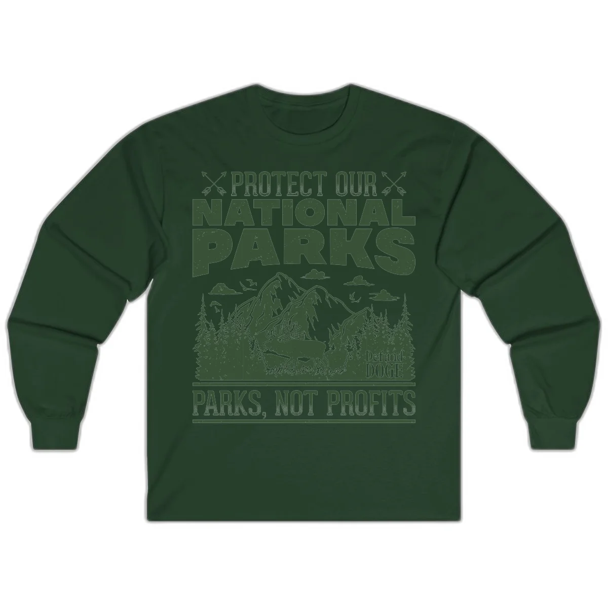 Vintage-style illustration with mountains, forests, deer and text reading 'Protect Our National Parks' and 'Parks, Not Profits' promoting conservation activism. in Forest Green