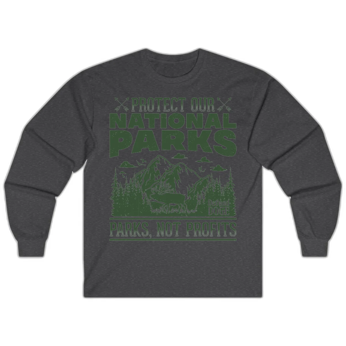 Vintage-style illustration with mountains, forests, deer and text reading 'Protect Our National Parks' and 'Parks, Not Profits' promoting conservation activism. in Dark Heather