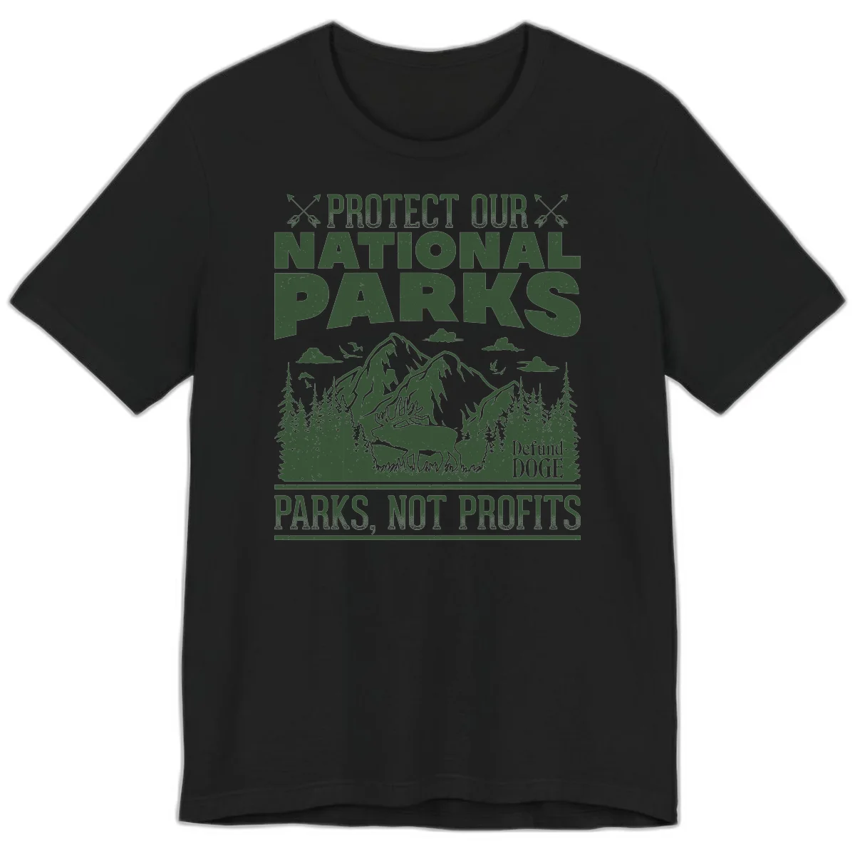 Vintage-style illustration with mountains, forests, deer and text reading 'Protect Our National Parks' and 'Parks, Not Profits' promoting conservation activism. in Black