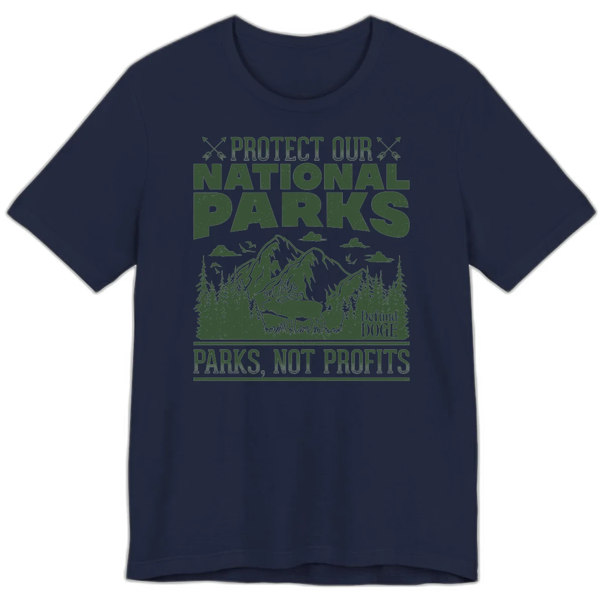 Vintage-style illustration with mountains, forests, deer and text reading 'Protect Our National Parks' and 'Parks, Not Profits' promoting conservation activism. in Navy