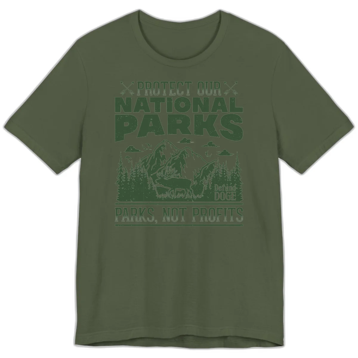 Vintage-style illustration with mountains, forests, deer and text reading 'Protect Our National Parks' and 'Parks, Not Profits' promoting conservation activism. in Military Green