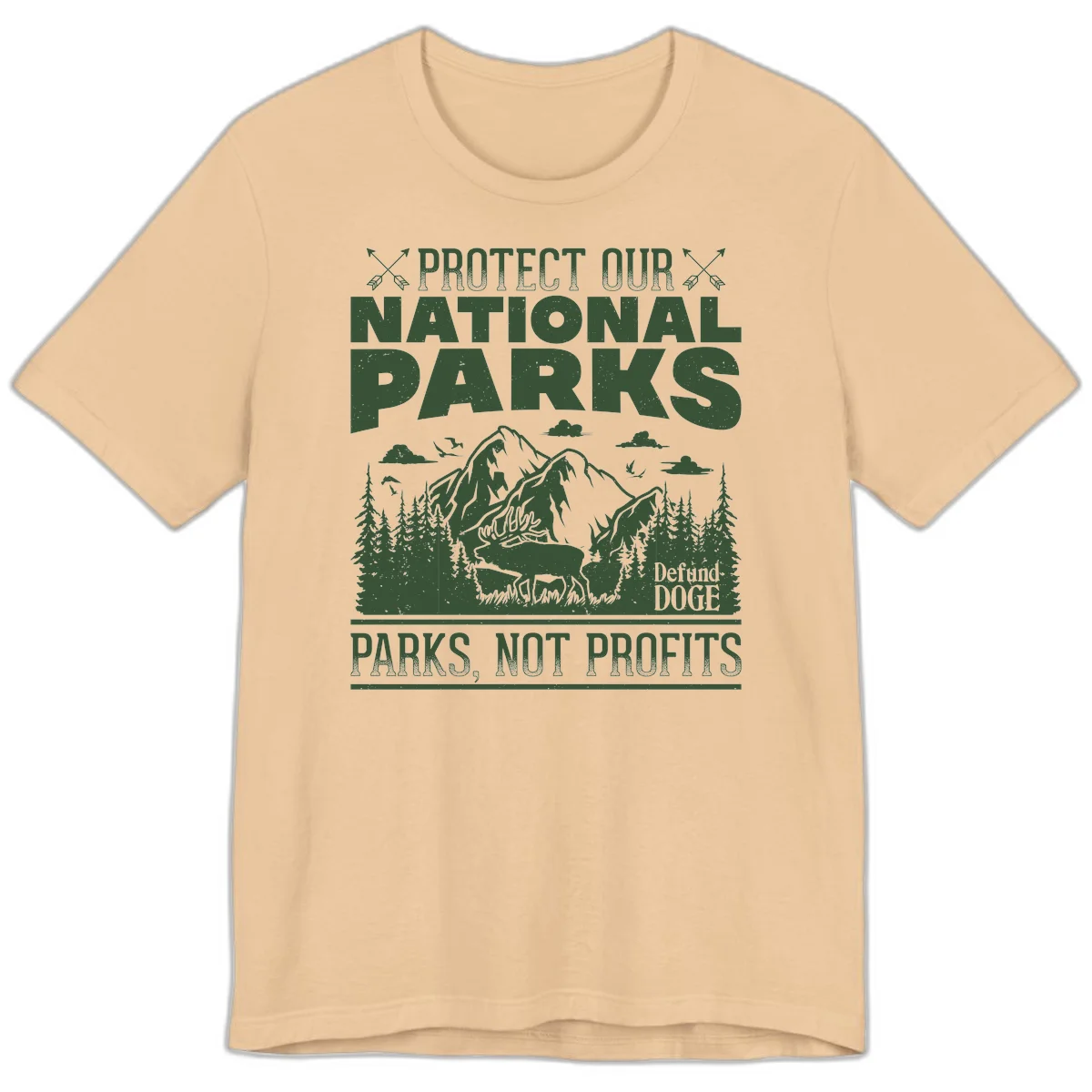 Vintage-style illustration with mountains, forests, deer and text reading 'Protect Our National Parks' and 'Parks, Not Profits' promoting conservation activism. in Sand Dune