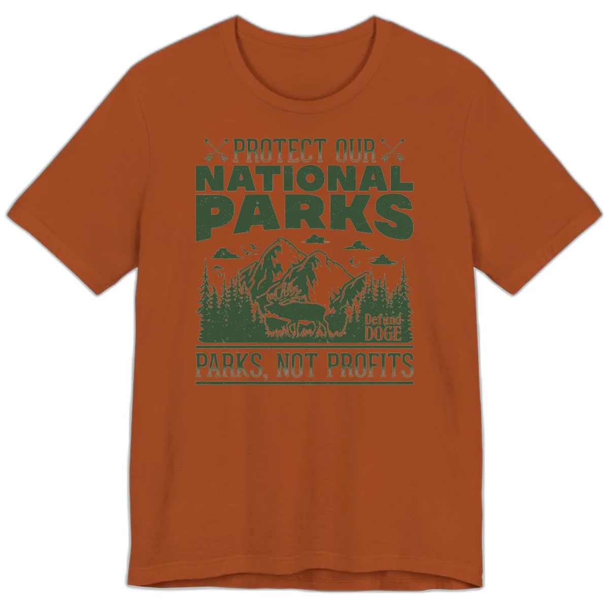 Vintage-style illustration with mountains, forests, deer and text reading 'Protect Our National Parks' and 'Parks, Not Profits' promoting conservation activism. in Autumn