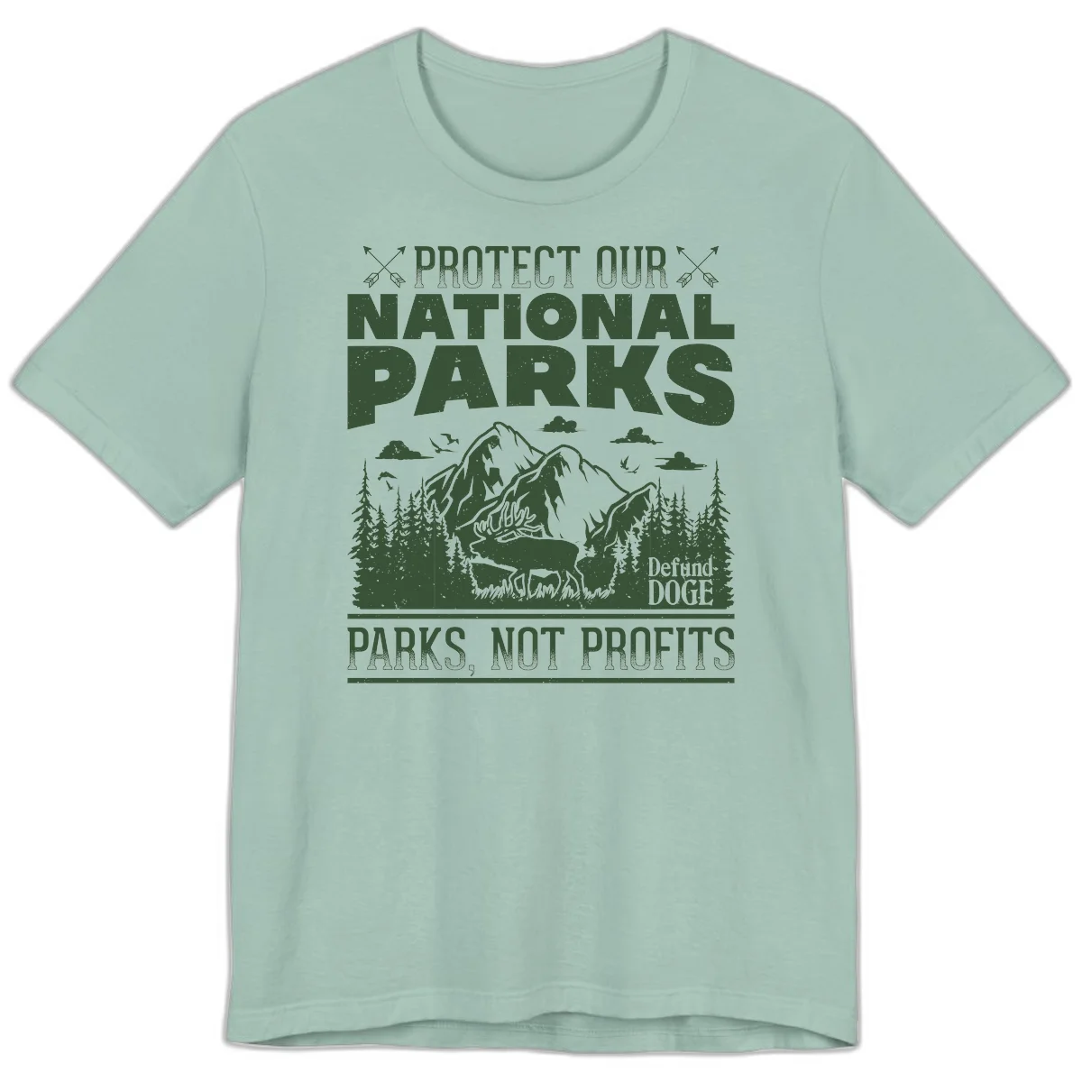Vintage-style illustration with mountains, forests, deer and text reading 'Protect Our National Parks' and 'Parks, Not Profits' promoting conservation activism. in Dusty Blue