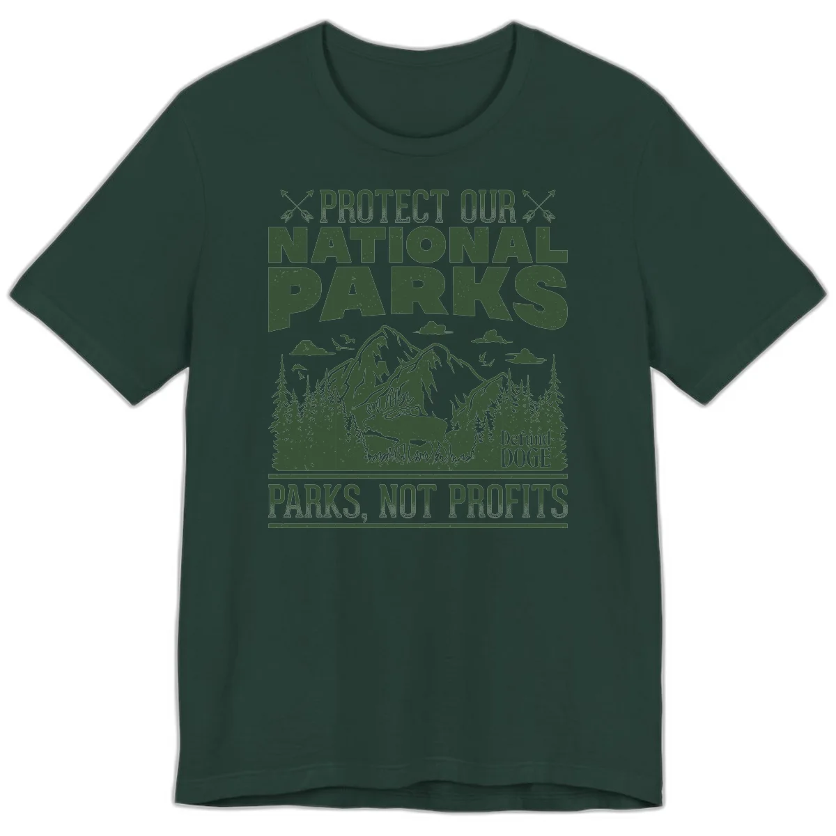 Vintage-style illustration with mountains, forests, deer and text reading 'Protect Our National Parks' and 'Parks, Not Profits' promoting conservation activism. in Forest