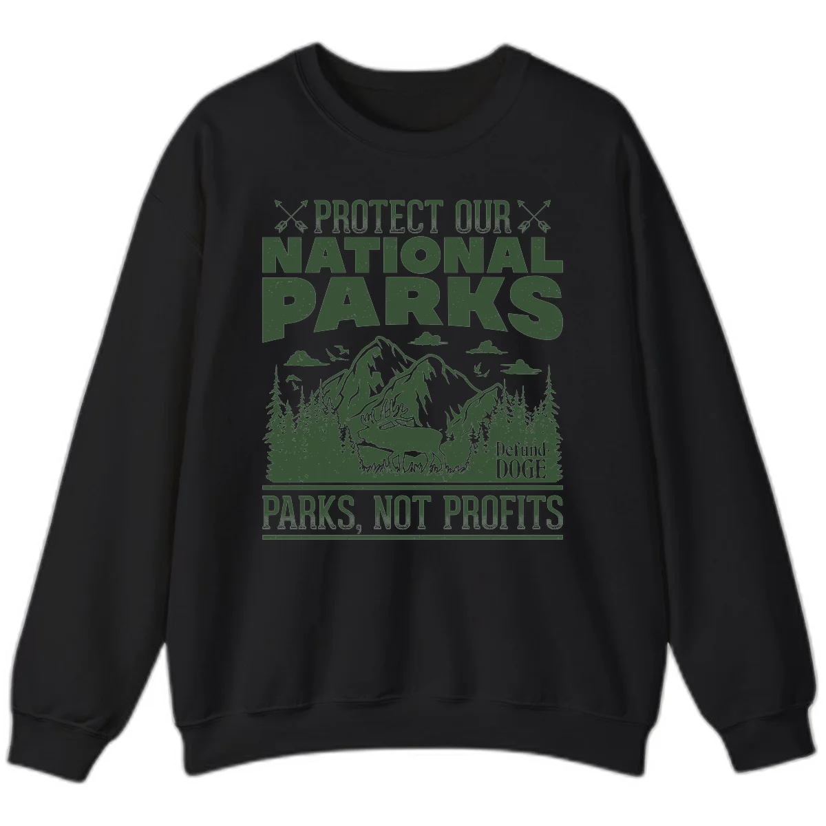 Vintage-style illustration with mountains, forests, deer and text reading 'Protect Our National Parks' and 'Parks, Not Profits' promoting conservation activism. in Black