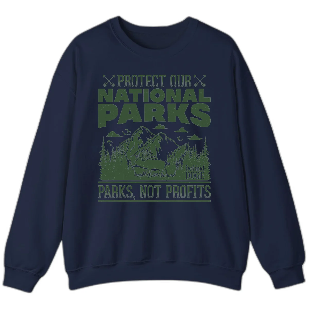 Vintage-style illustration with mountains, forests, deer and text reading 'Protect Our National Parks' and 'Parks, Not Profits' promoting conservation activism. in Navy