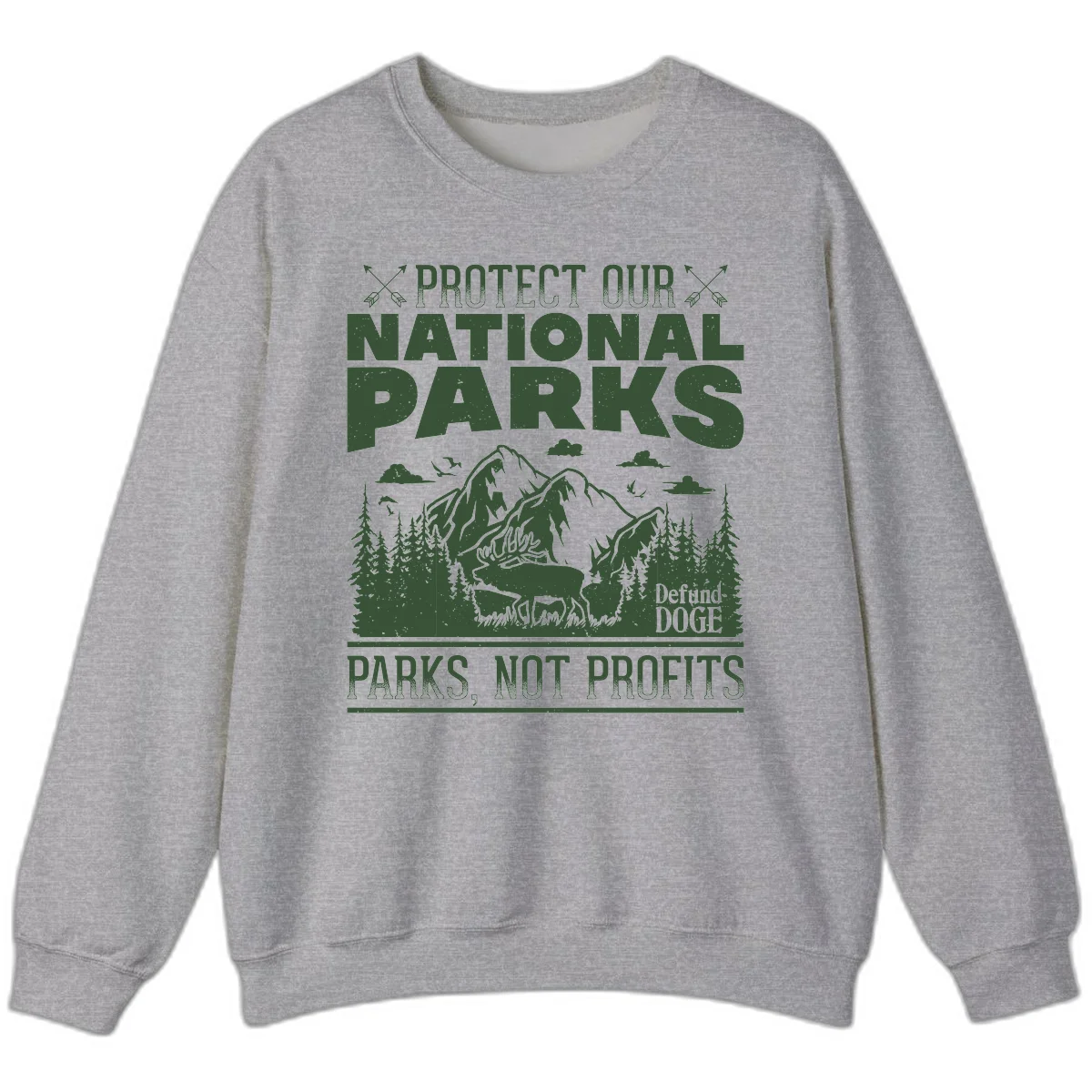Vintage-style illustration with mountains, forests, deer and text reading 'Protect Our National Parks' and 'Parks, Not Profits' promoting conservation activism. in Sport Grey