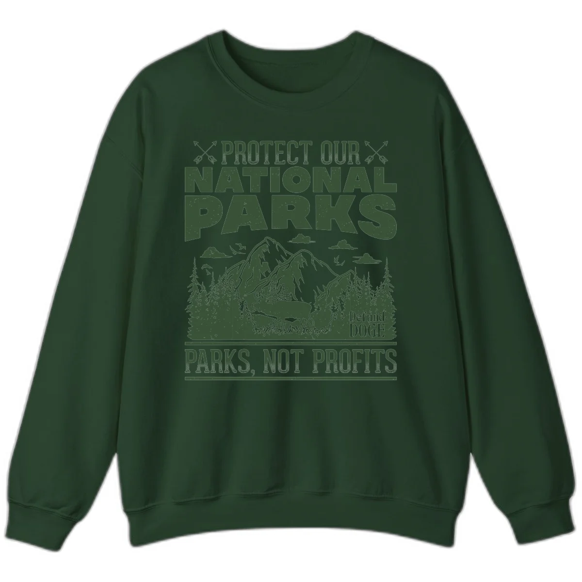 Vintage-style illustration with mountains, forests, deer and text reading 'Protect Our National Parks' and 'Parks, Not Profits' promoting conservation activism. in Forest Green