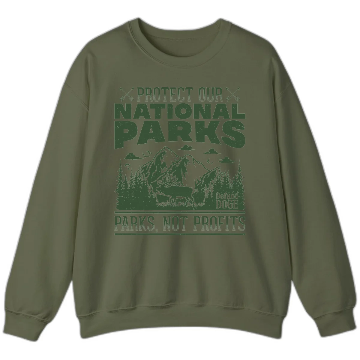 Vintage-style illustration with mountains, forests, deer and text reading 'Protect Our National Parks' and 'Parks, Not Profits' promoting conservation activism. in Military Green