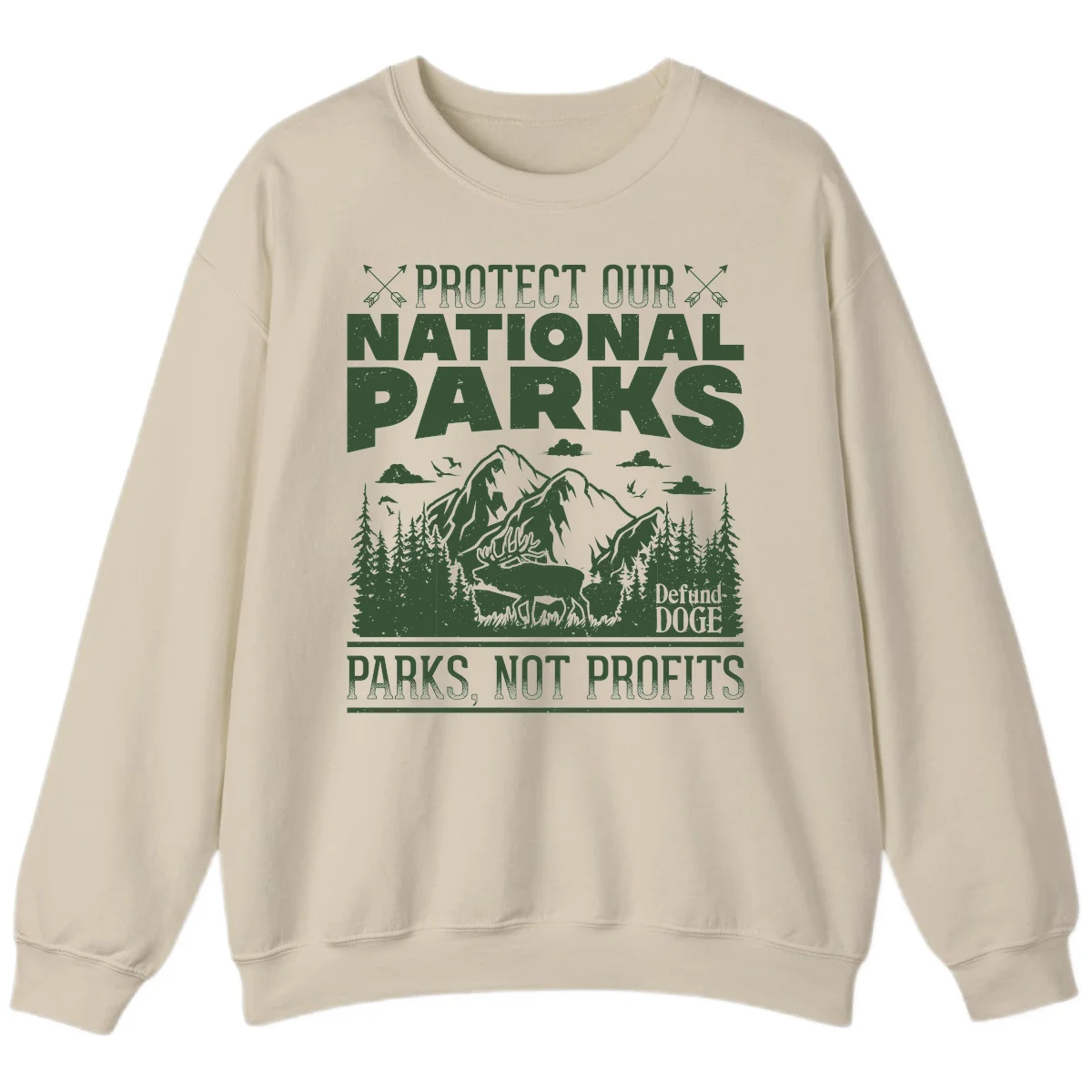 Vintage-style illustration with mountains, forests, deer and text reading 'Protect Our National Parks' and 'Parks, Not Profits' promoting conservation activism. in Sand