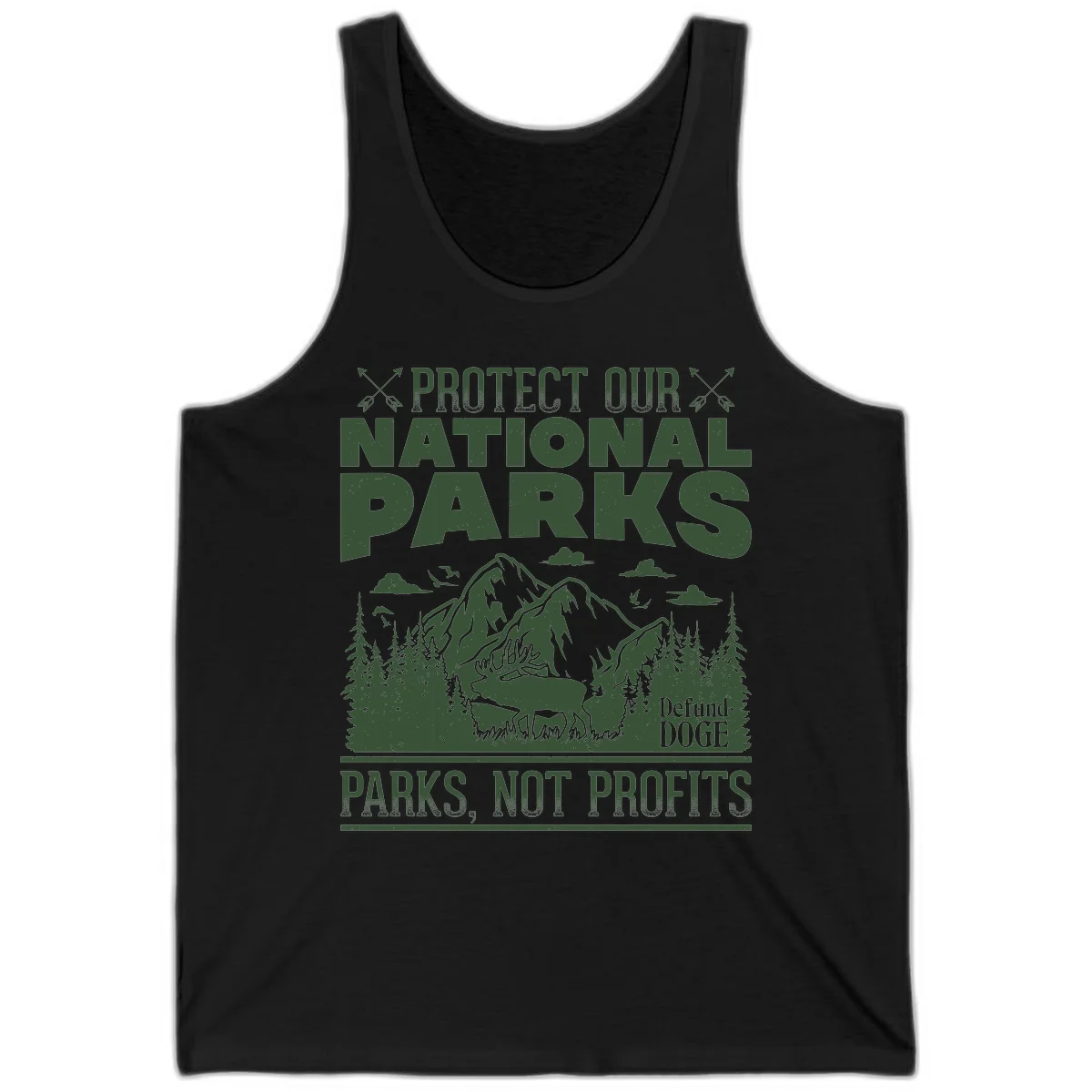Vintage-style illustration with mountains, forests, deer and text reading 'Protect Our National Parks' and 'Parks, Not Profits' promoting conservation activism. in Black