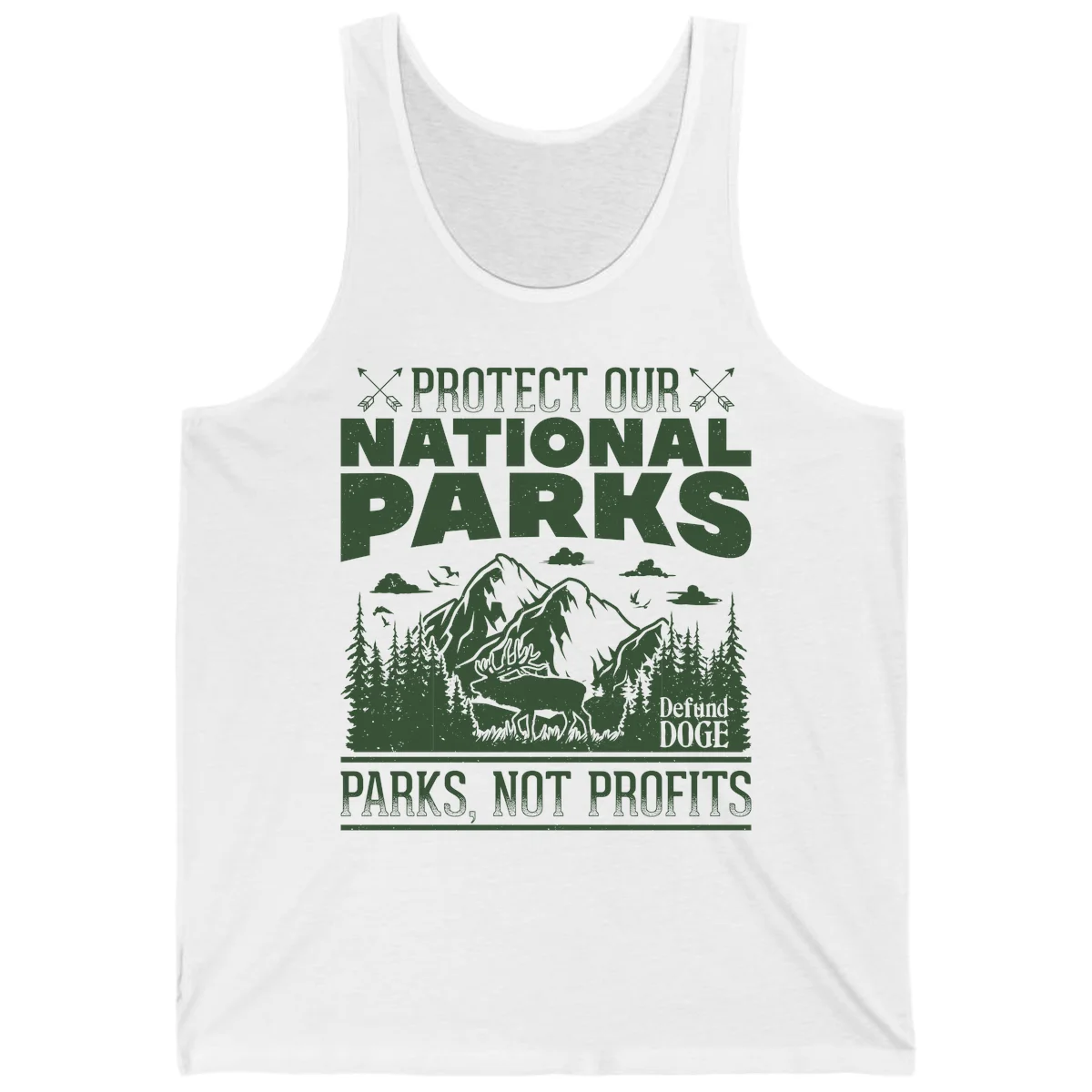 Vintage-style illustration with mountains, forests, deer and text reading 'Protect Our National Parks' and 'Parks, Not Profits' promoting conservation activism. in White