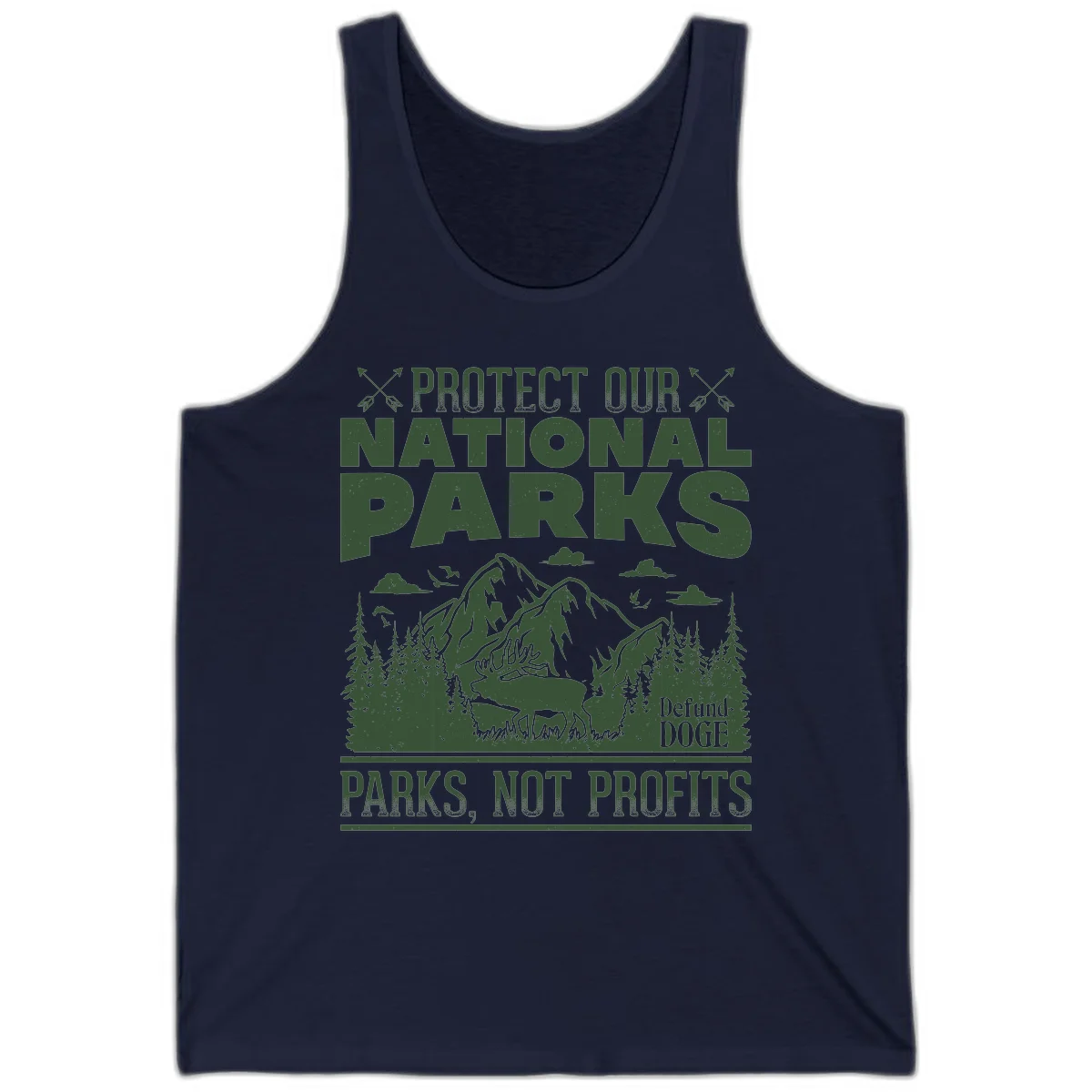 Vintage-style illustration with mountains, forests, deer and text reading 'Protect Our National Parks' and 'Parks, Not Profits' promoting conservation activism. in Navy
