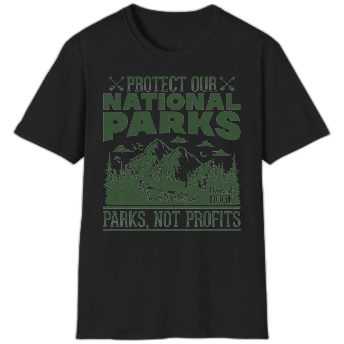 Vintage-style illustration with mountains, forests, deer and text reading 'Protect Our National Parks' and 'Parks, Not Profits' promoting conservation activism. in Black