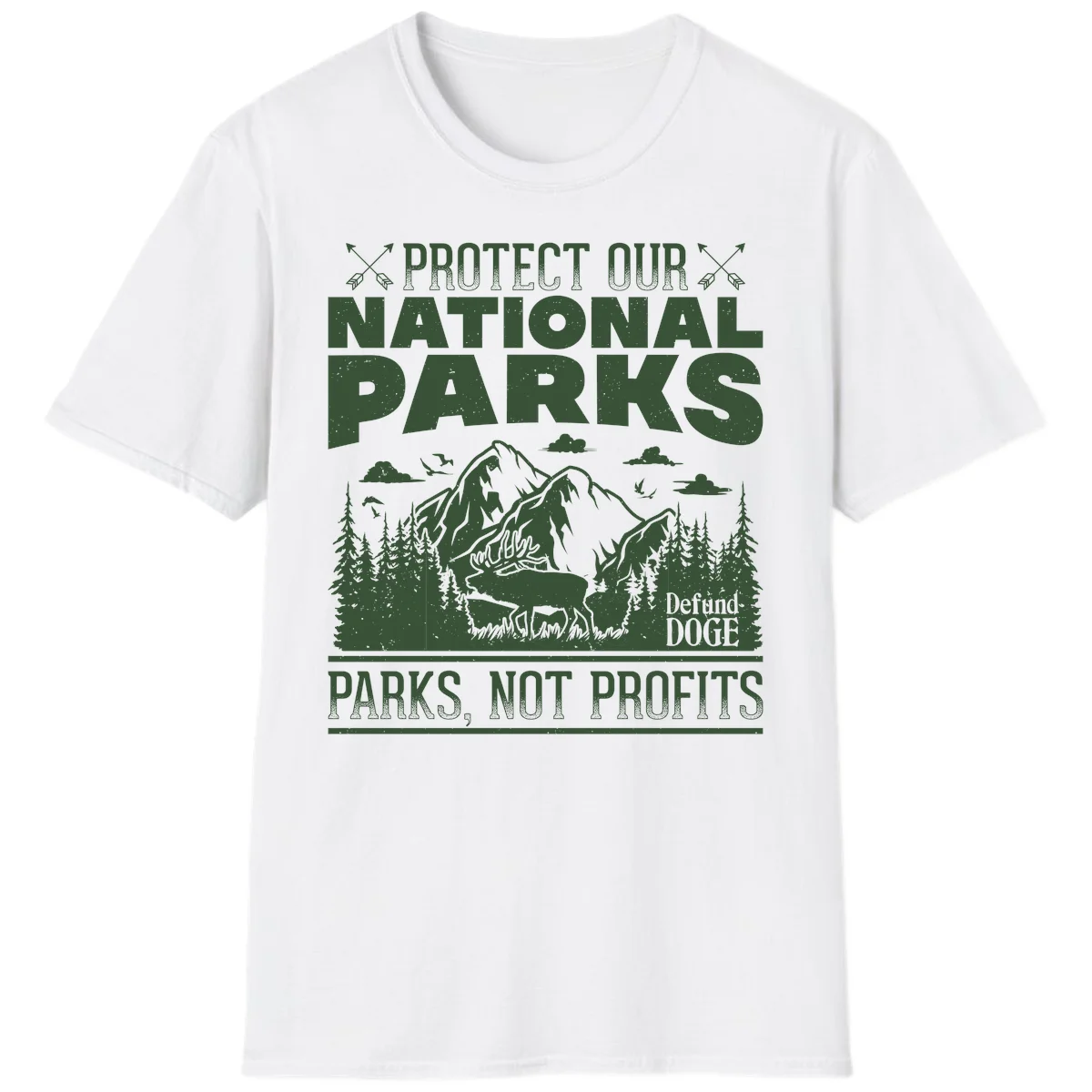 Vintage-style illustration with mountains, forests, deer and text reading 'Protect Our National Parks' and 'Parks, Not Profits' promoting conservation activism. in White