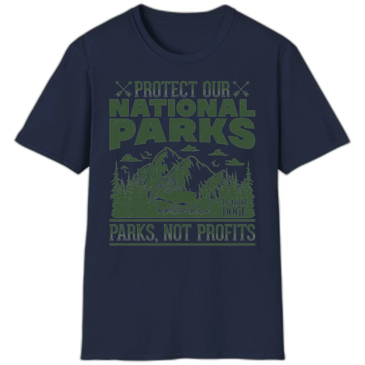 Vintage-style illustration with mountains, forests, deer and text reading 'Protect Our National Parks' and 'Parks, Not Profits' promoting conservation activism. in Navy