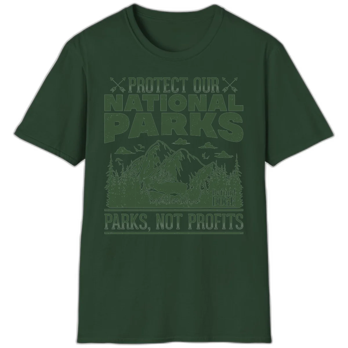 Vintage-style illustration with mountains, forests, deer and text reading 'Protect Our National Parks' and 'Parks, Not Profits' promoting conservation activism. in Forest Green
