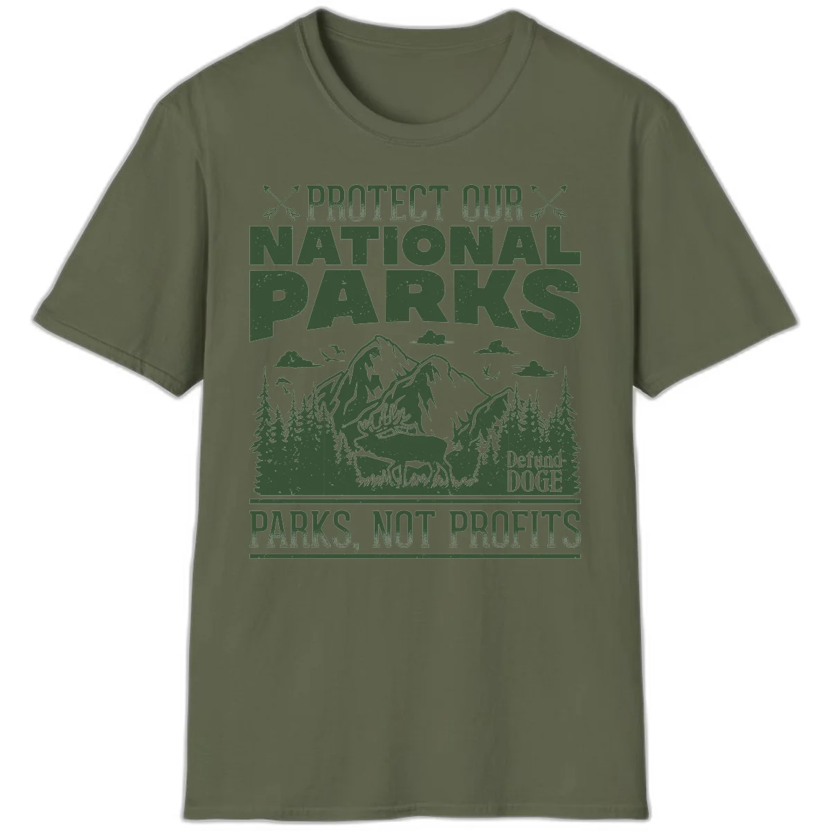 Vintage-style illustration with mountains, forests, deer and text reading 'Protect Our National Parks' and 'Parks, Not Profits' promoting conservation activism. in Military Green