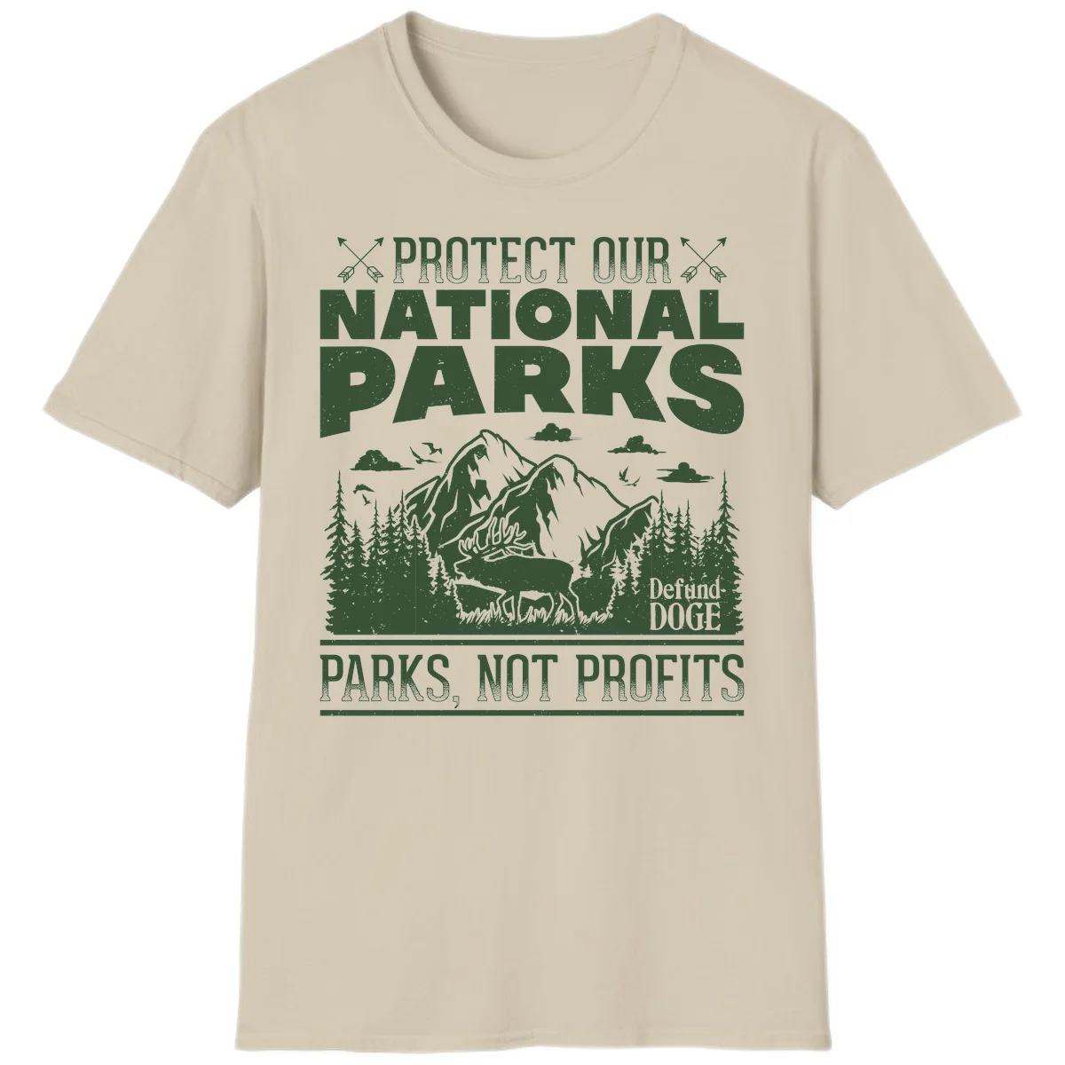 Vintage-style illustration with mountains, forests, deer and text reading 'Protect Our National Parks' and 'Parks, Not Profits' promoting conservation activism. in Sand