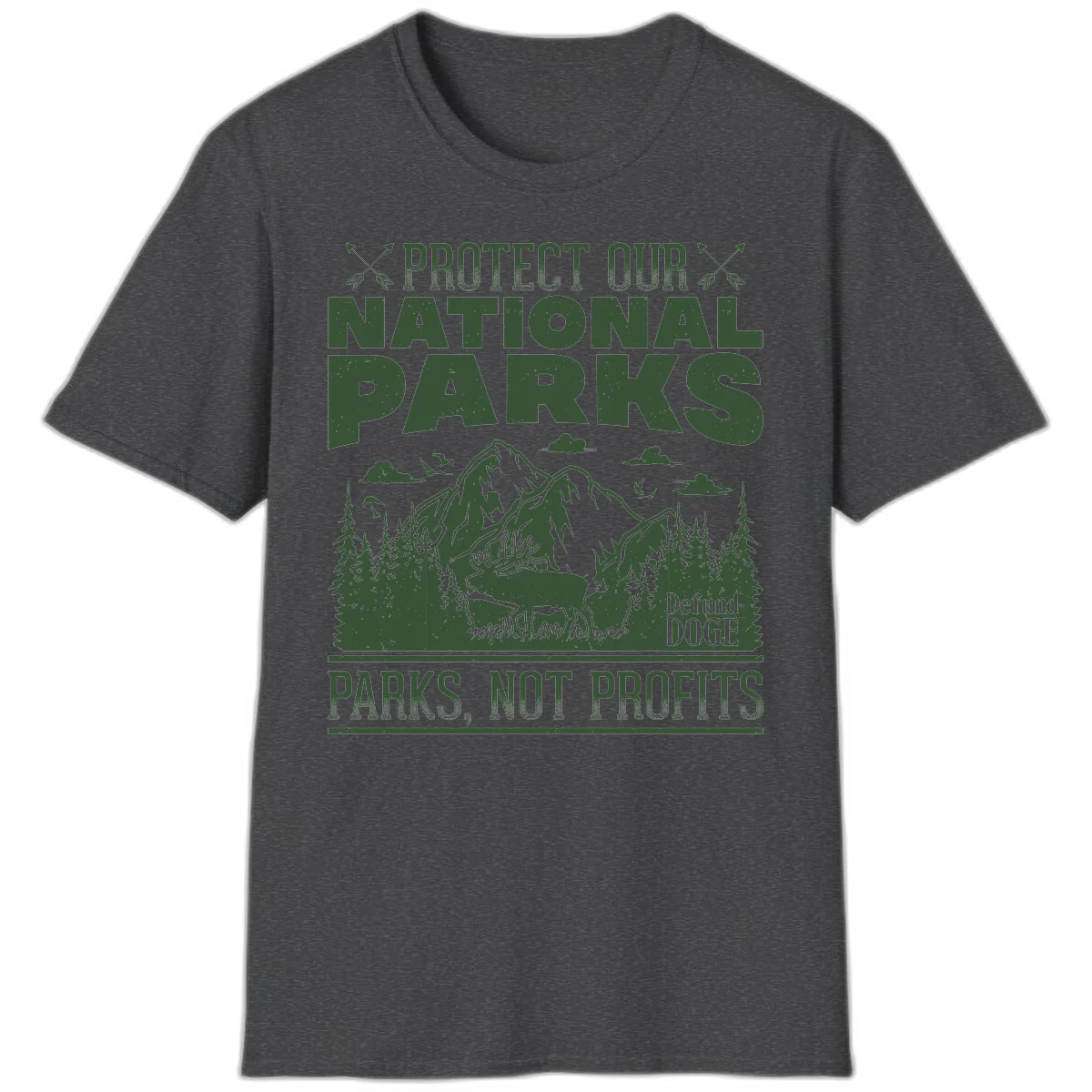 Vintage-style illustration with mountains, forests, deer and text reading 'Protect Our National Parks' and 'Parks, Not Profits' promoting conservation activism. in Dark Heather