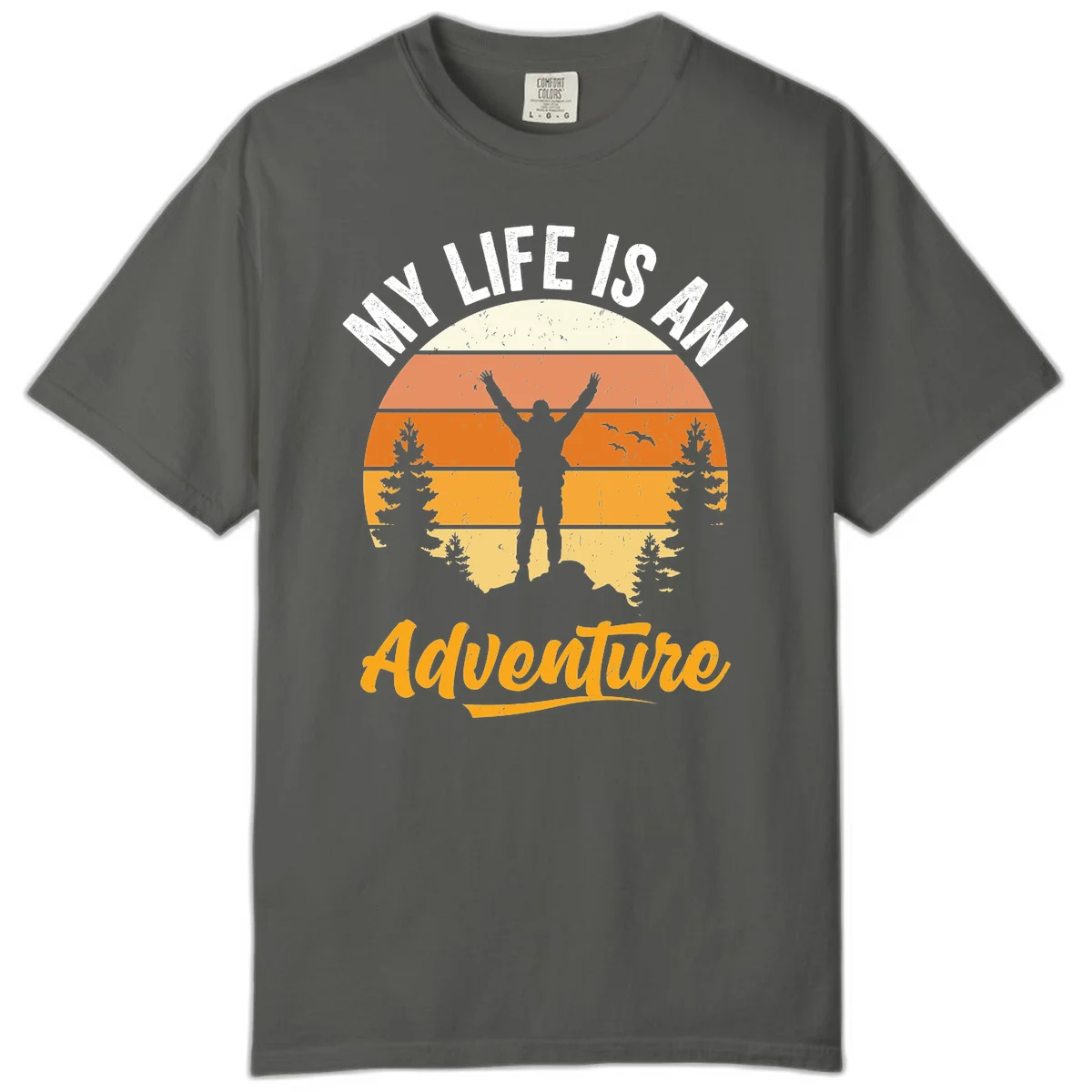 Retro sunset illustration with silhouette of person celebrating arms raised, evergreen trees and mountains, text 'My Life Is An Adventure' in Pepper