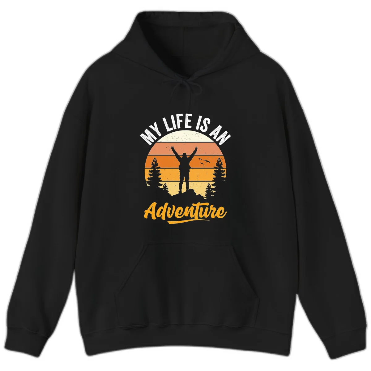 Retro sunset illustration with silhouette of person celebrating arms raised, evergreen trees and mountains, text 'My Life Is An Adventure' in Black