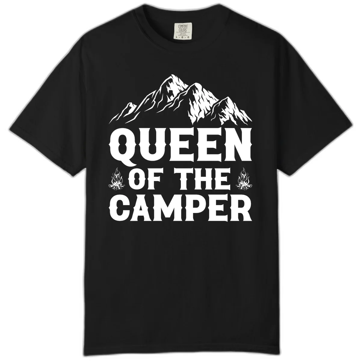 Queen of the Camper design with snow-capped mountains, campfires, and bold white text on gray background in Black