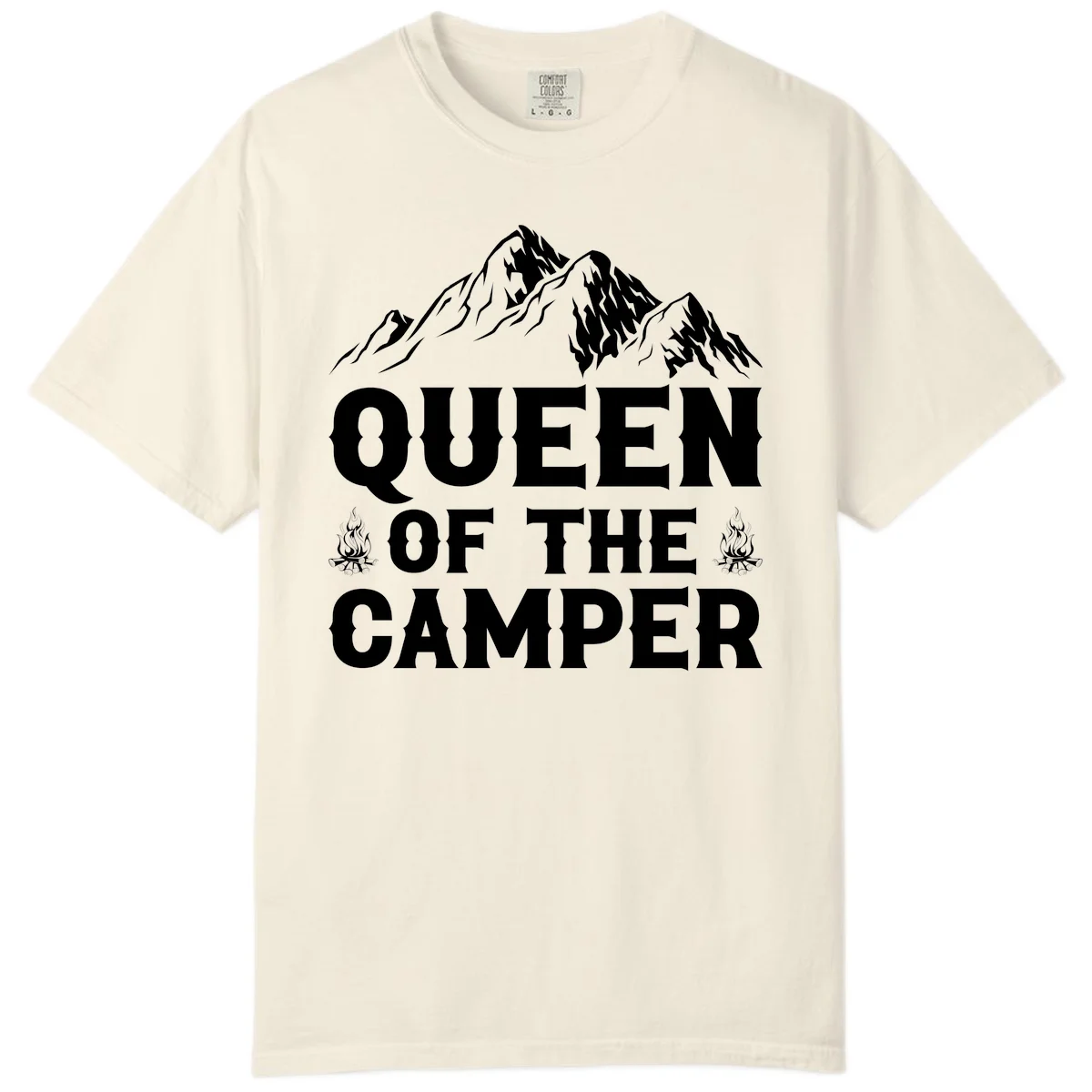 Queen of the Camper design with snow-capped mountains, campfires, and bold white text on gray background in Ivory
