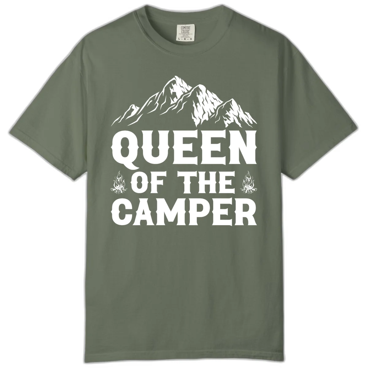 Queen of the Camper design with snow-capped mountains, campfires, and bold white text on gray background in Moss