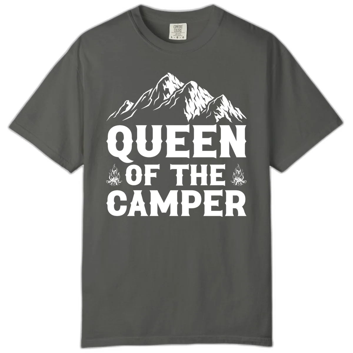 Queen of the Camper design with snow-capped mountains, campfires, and bold white text on gray background in Pepper