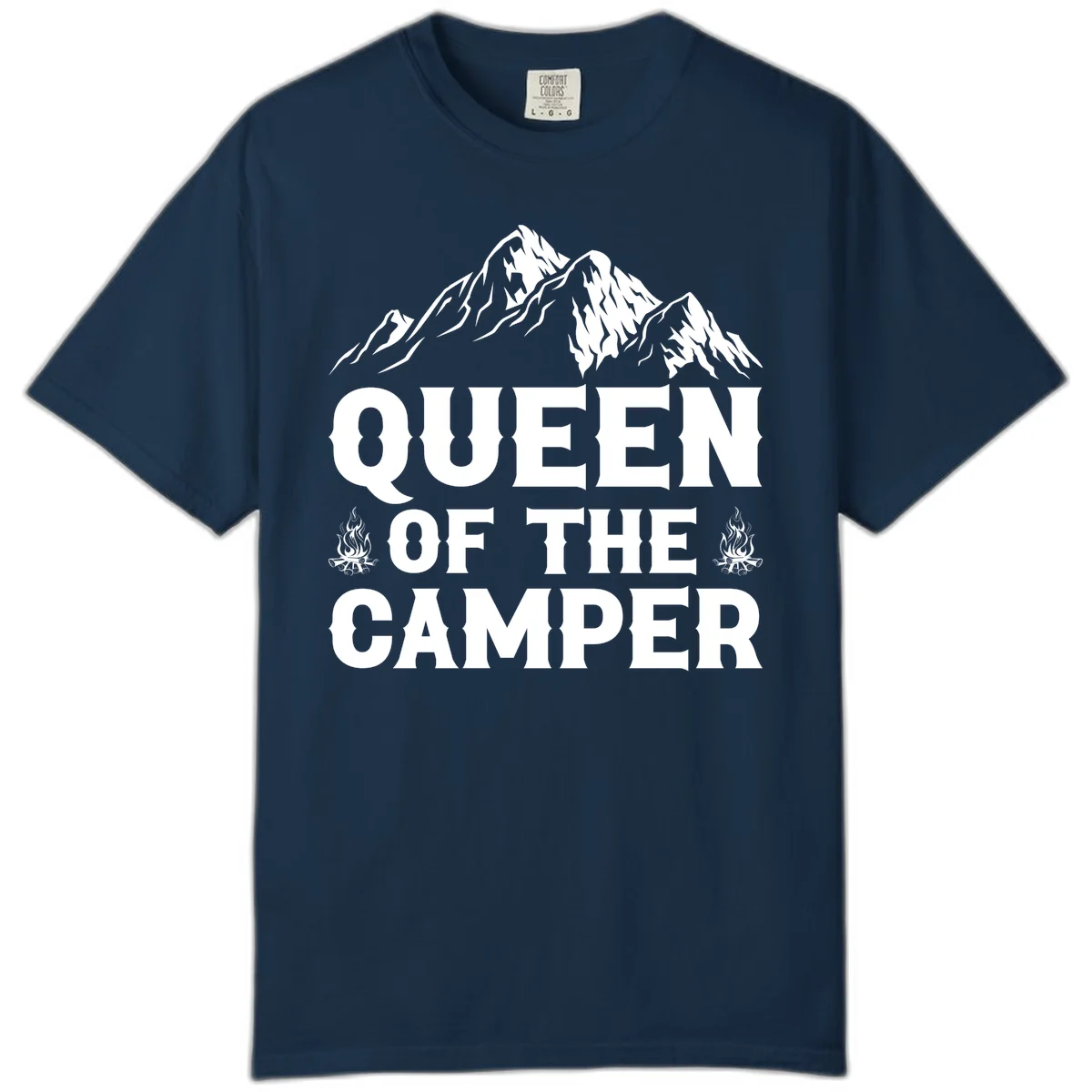 Queen of the Camper design with snow-capped mountains, campfires, and bold white text on gray background in True Navy