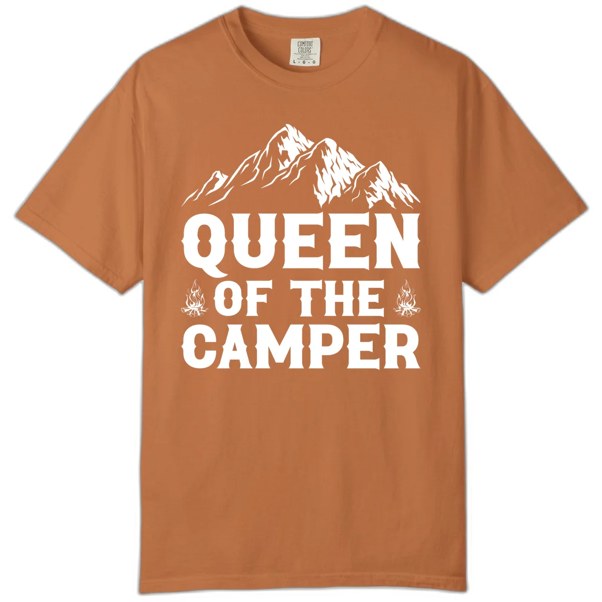 Queen of the Camper design with snow-capped mountains, campfires, and bold white text on gray background in Yam